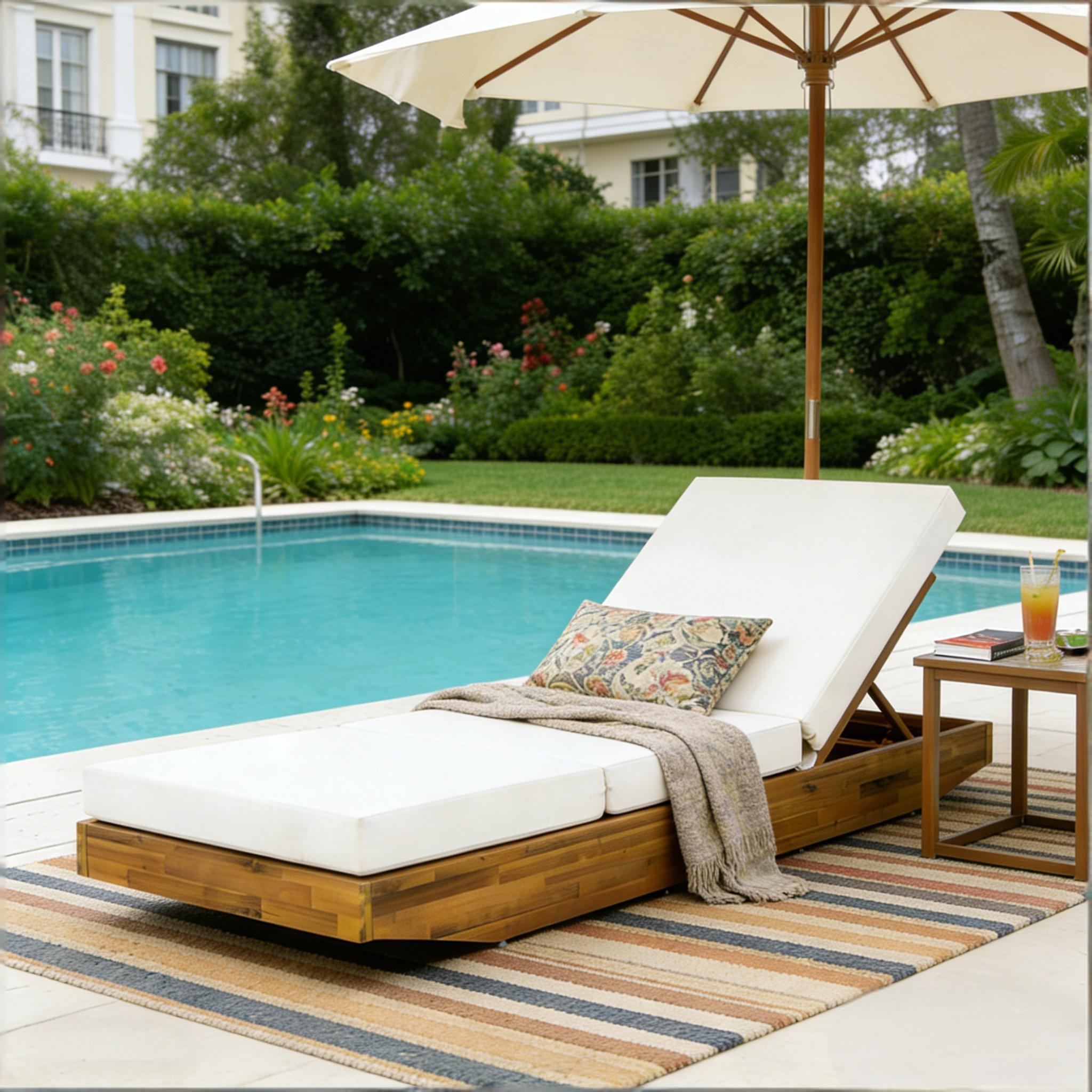 Acacia Wood Chaise Lounge with Cushion – Teak Finish Outdoor Recliner with Cream 3-Fold Water-Repellent Cushion, 300lbs Capacity