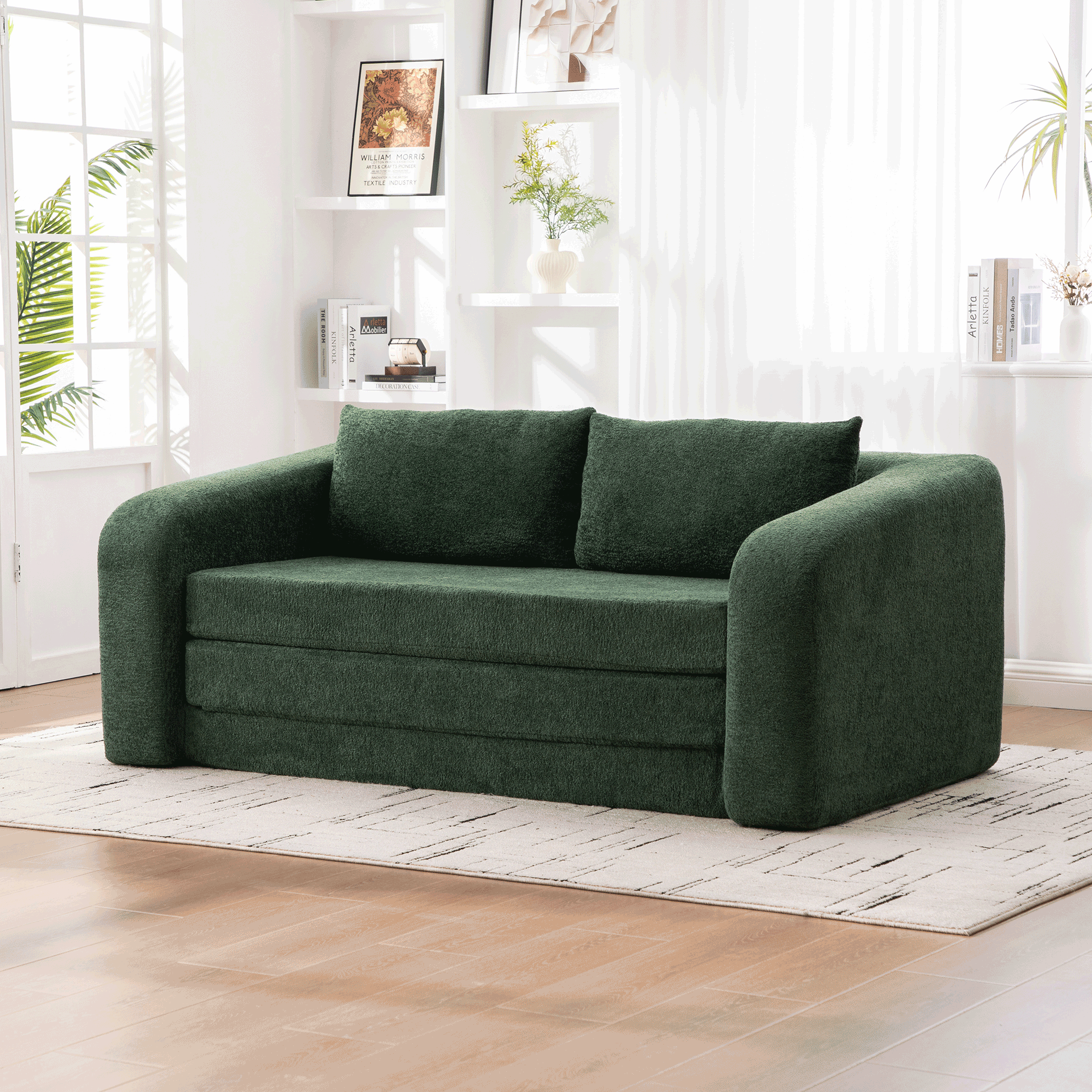 71″ 2-in-1 Pull Out Foldable Loveseat Sofa Bed with Armrest & Backrest Pillows, Convertible Chenille Boneless Cloud Floor Mattress Sleeper Lounge Couch for Living Room Bedroom Guestroom Dorm, Green
