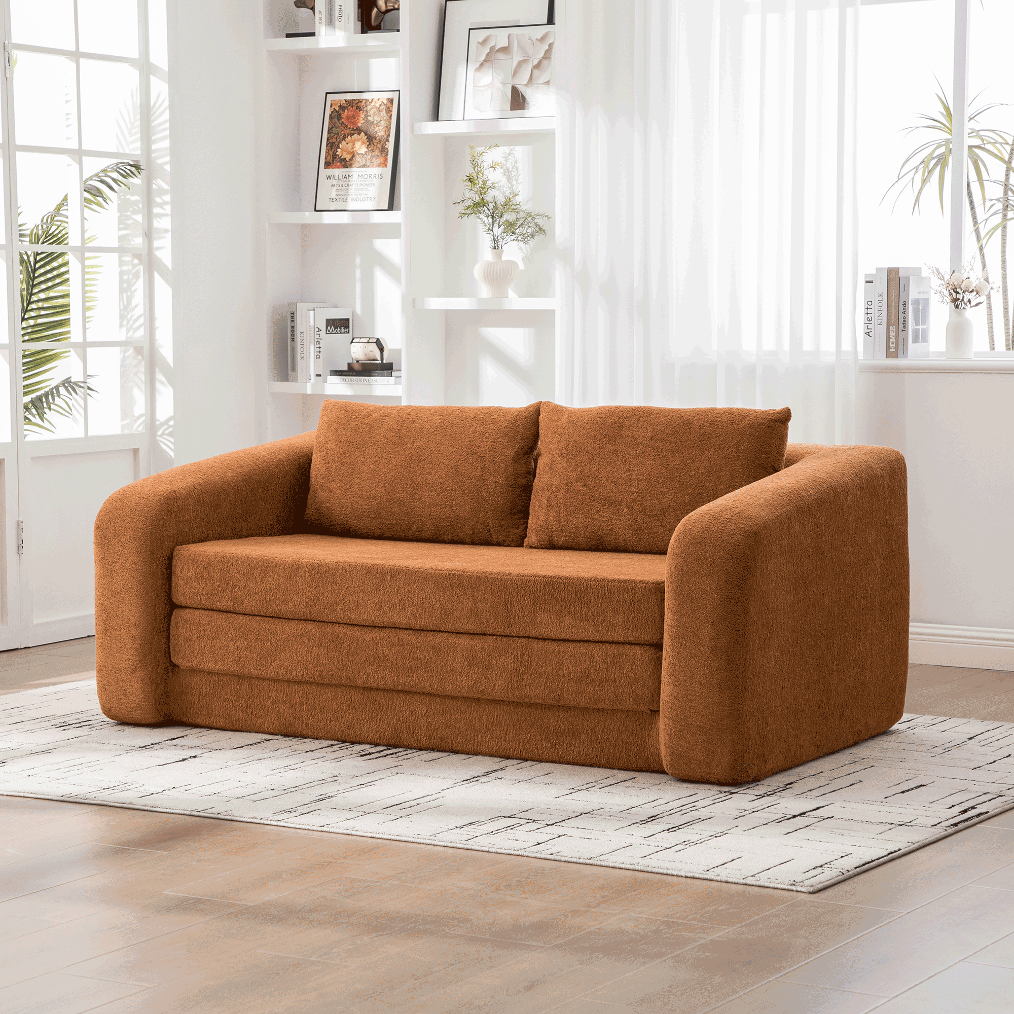 71″ 2-in-1 Pull Out Foldable Loveseat Sofa Bed with Armrest & Backrest Pillows, Convertible Chenille Boneless Cloud Floor Mattress Sleeper Lounge Couch for Living Room Bedroom Guestroom Dorm, Orange