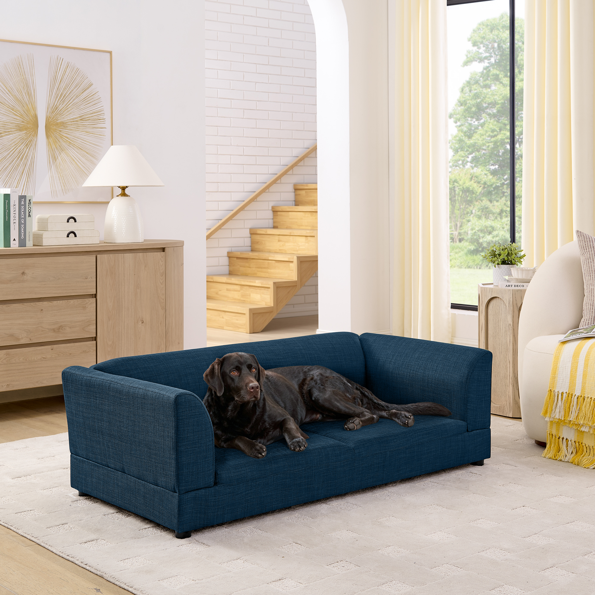 Comfortable Oversized Pet Sofa for Medium/Large Dogs – Modern Rectangular Design with Backrest, Armrests & Soft Cushion -Dark Blue(56.5″*26″*17″)
