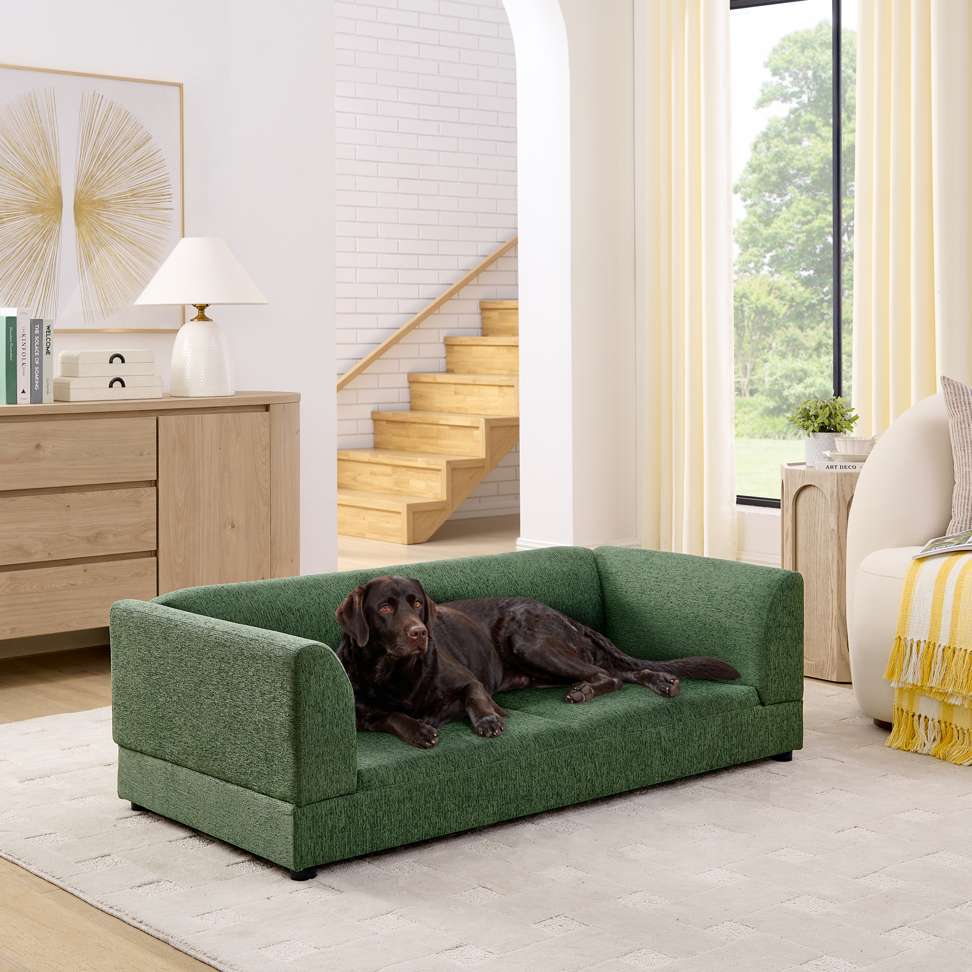Comfortable Oversized Pet Sofa for Medium/Large Dogs – Modern Rectangular Design with Backrest, Armrests & Soft Cushion -OLIVE GREEN(56.5″*26″*17″)