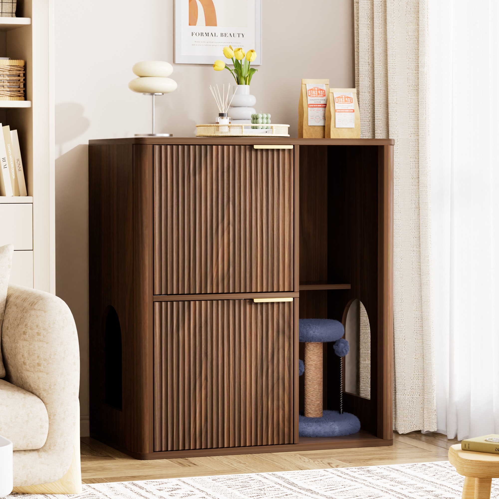 31.5-inch Walnut Cat Litter Cabinet with Cat Tree – Grooved Concealed Litter Furniture Featuring Dual Cat Doors and Storage Shelves, Versatile Pet Cabinet for Living Rooms or Bedrooms