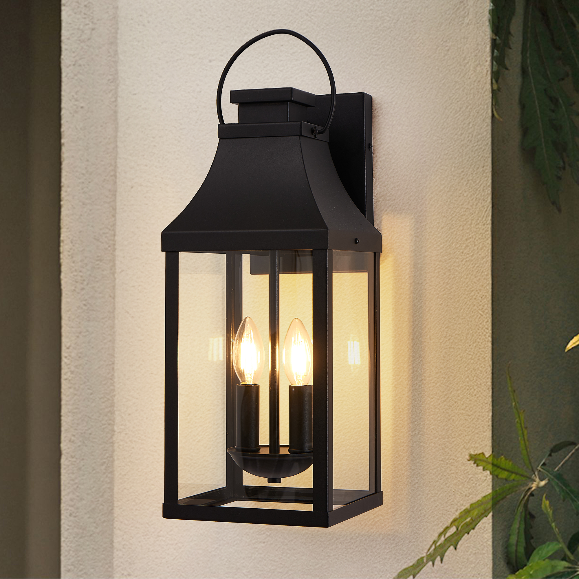 20” Outdoor Wall Light, Porch Light Outdoor Wall Sconce Lantern, 2-Light Modern Black Exterior Lighting Fixture Wall Mount, Outside Light for House Garage, 1-Pack