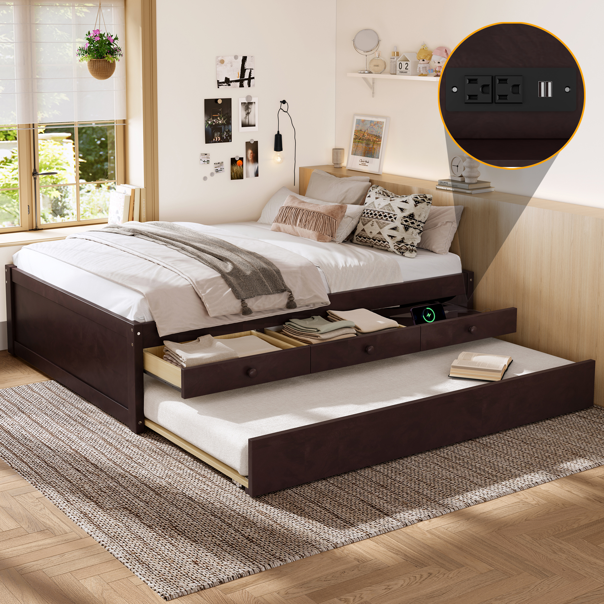 Full Platform Bed with Trundle and 2 drawers,SolidWood Beds with Power strip,Espresso