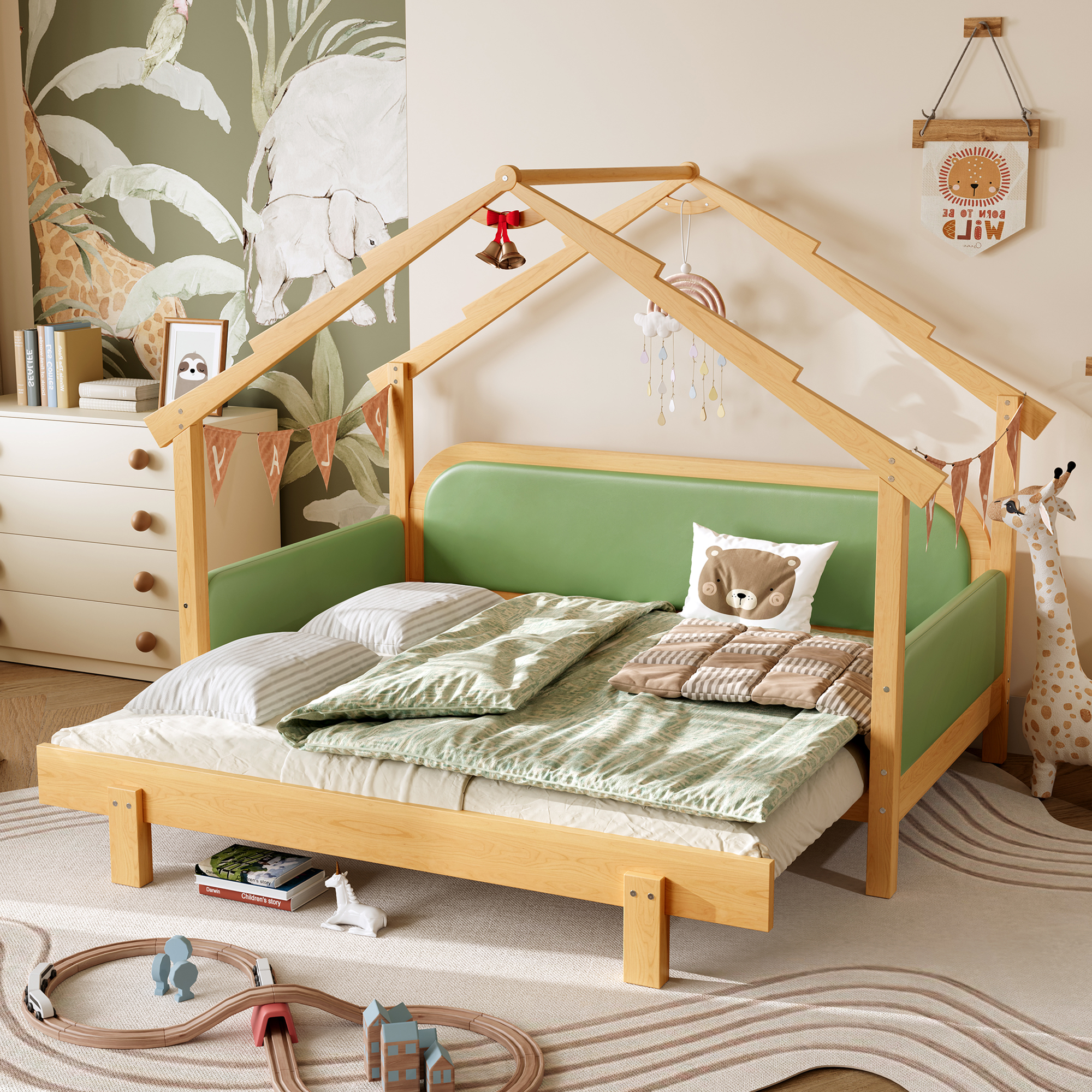 Twin Size Wood Treehouse bed with Soft Cushion Rails,for Kids, Teens, Girls, Boys,Green