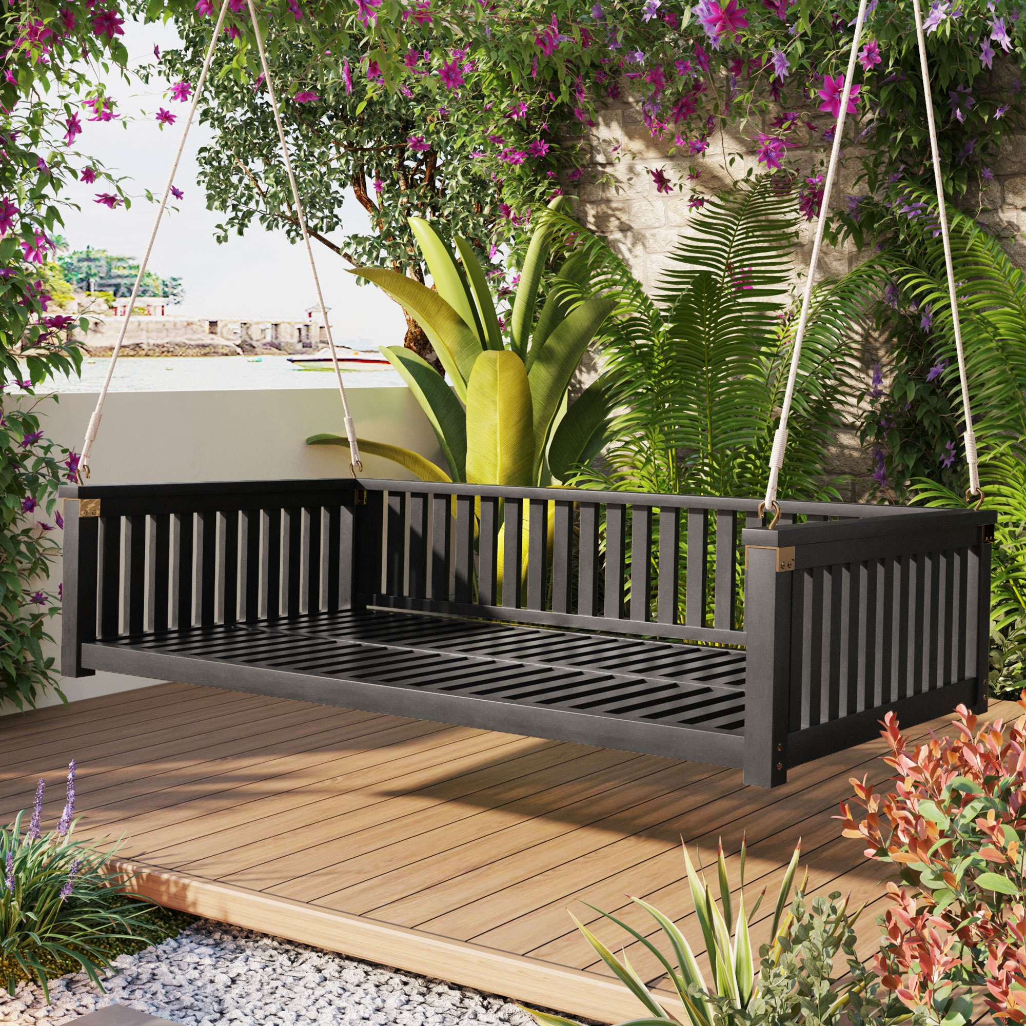 TOPMAX Patio Minimalist Twin Size Garden Swing Bed Wood Porch Swing with Ropes for Backyard, Safe Sloped Design, Black