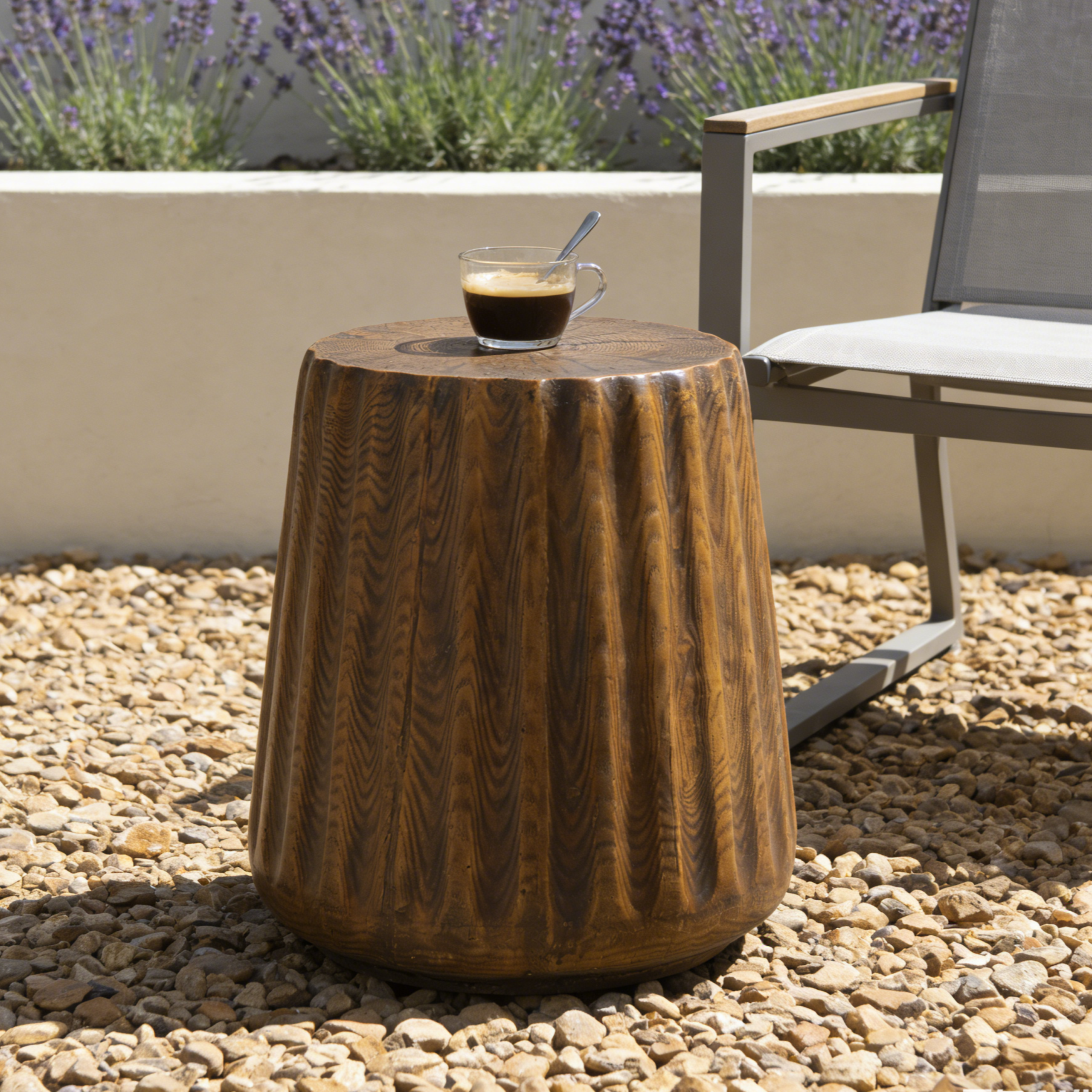MGO Outdoor Indoor Side Table – Durable Tree Stump Style End Table for Patio, Garden, Living Room, 16.61″ Height, Brown Wood Grain Finish