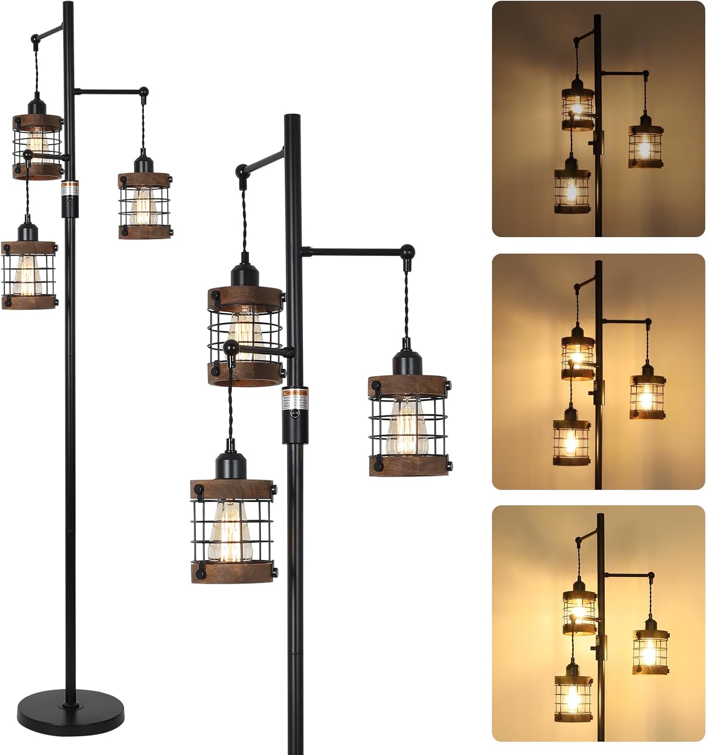 Airposta Dimmable Floor Lamps for Living Room, 3-Light Industrial Floor Lamp with Wood & Metal Cage