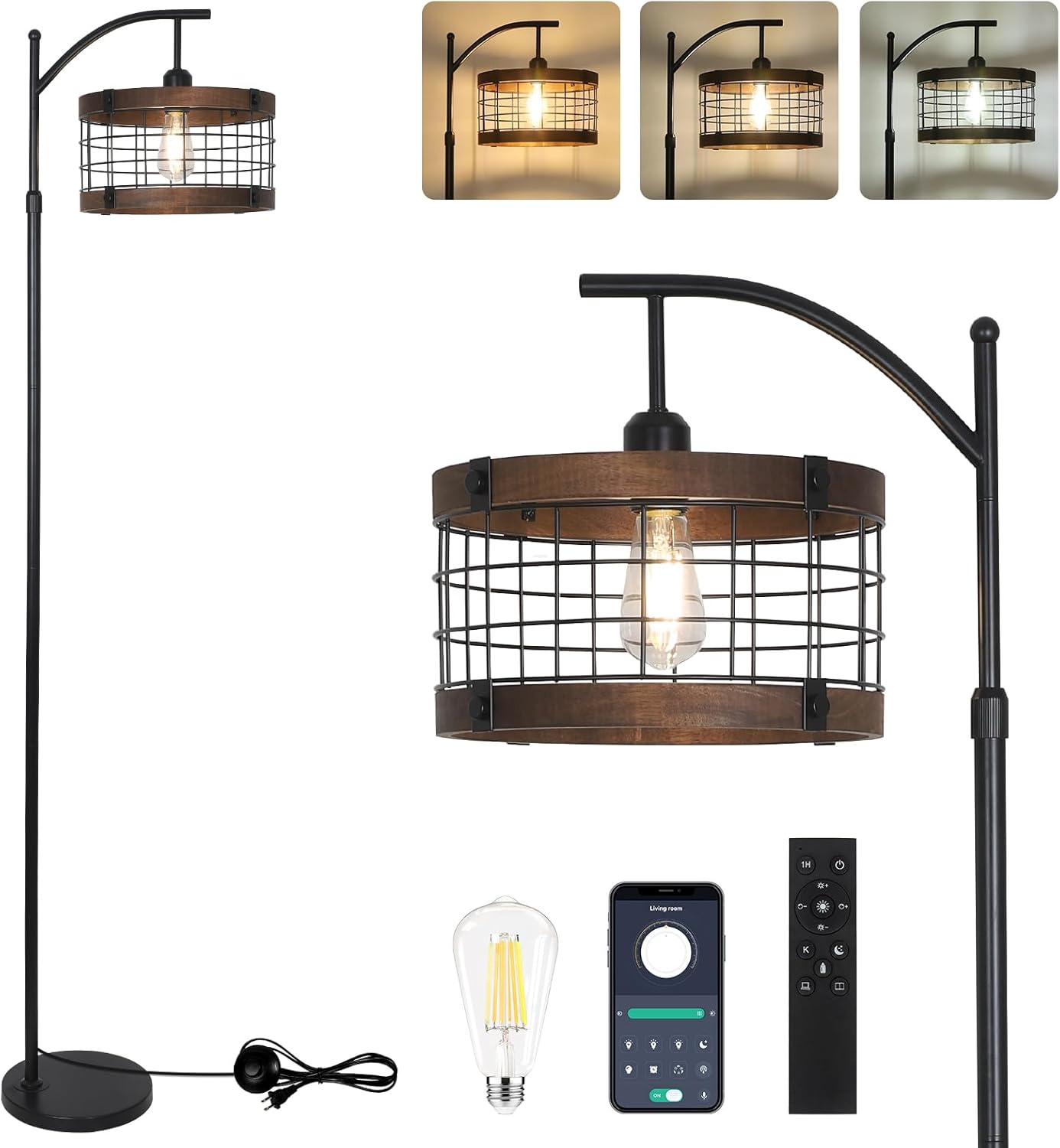 Arc Floor Lamp with Remote & Dimmable LED Bulb