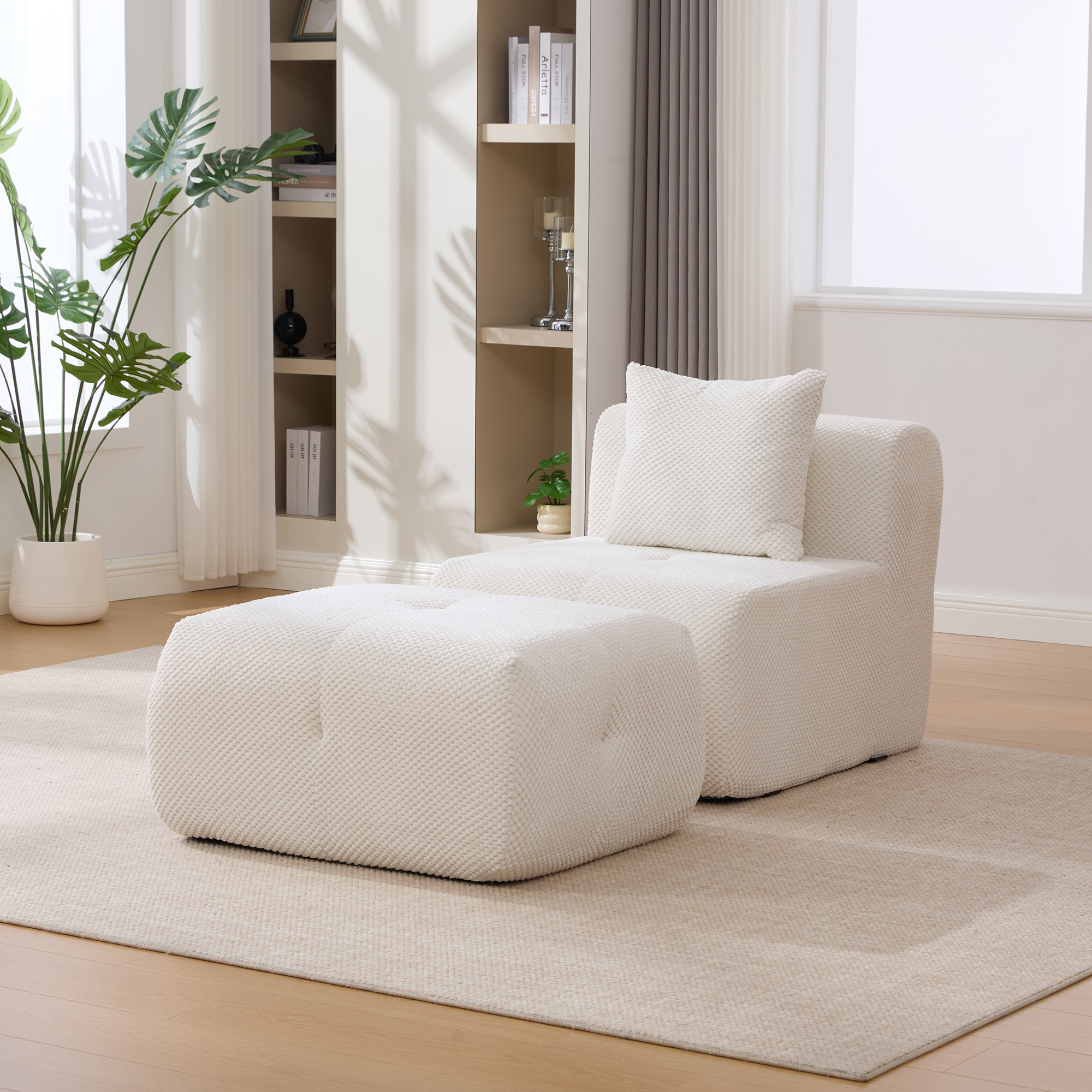31″ Modular Cloud Armless Accent Chair with Ottoman Set, Modern Boneless Deep Seat Single Sofa Soft Lounger with Footstool Throw Pillow for Living Room, Bedroom, Dorms, No Assembly Required, Ivory