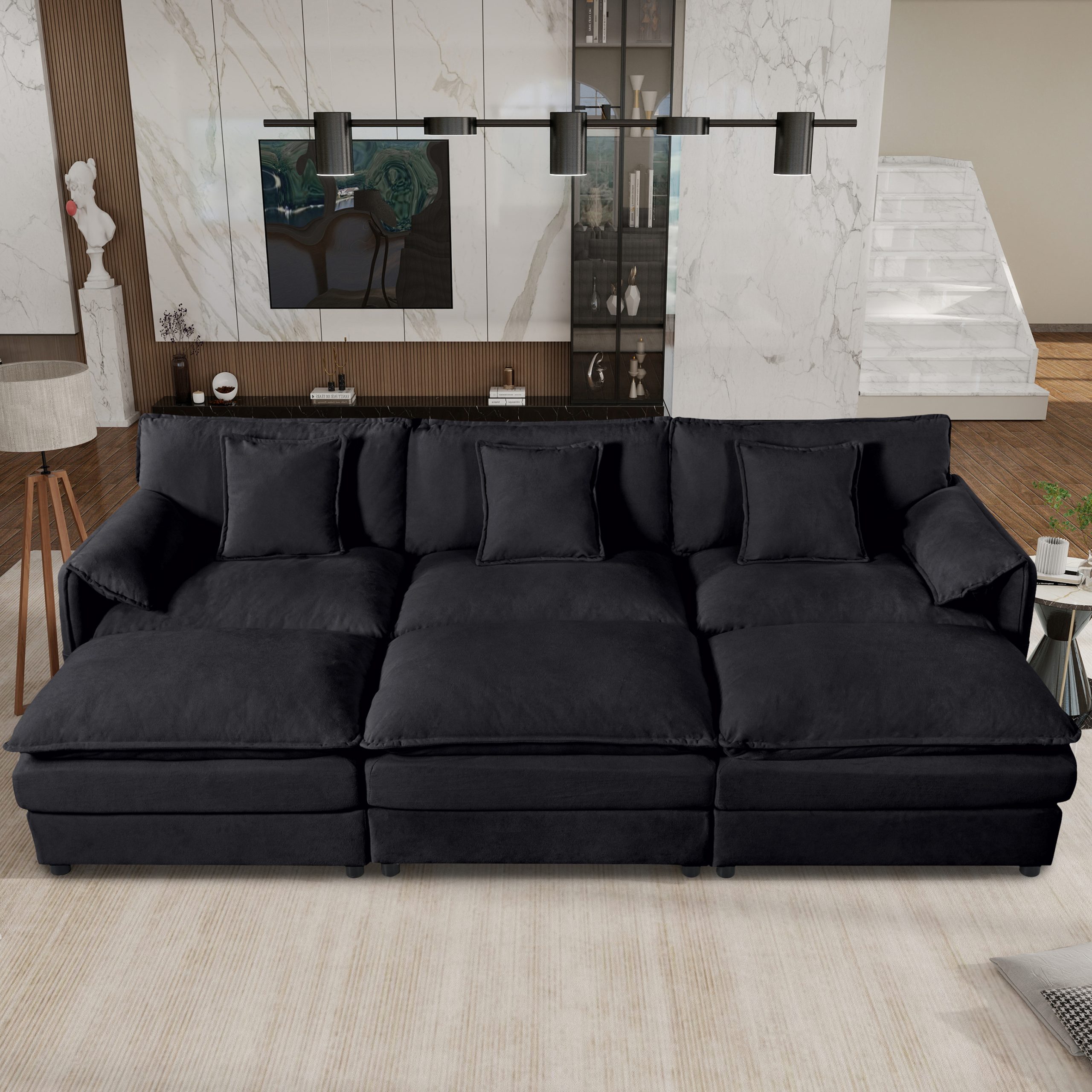 (Old:W3163S00027) Oversized Deep Seat Sectional Cloud Sofa Sleeper with 3 Ottomans & Soft Pillows, Modular Couch Bed for Living Room, Apartment, DIY Combination Chenille,Black