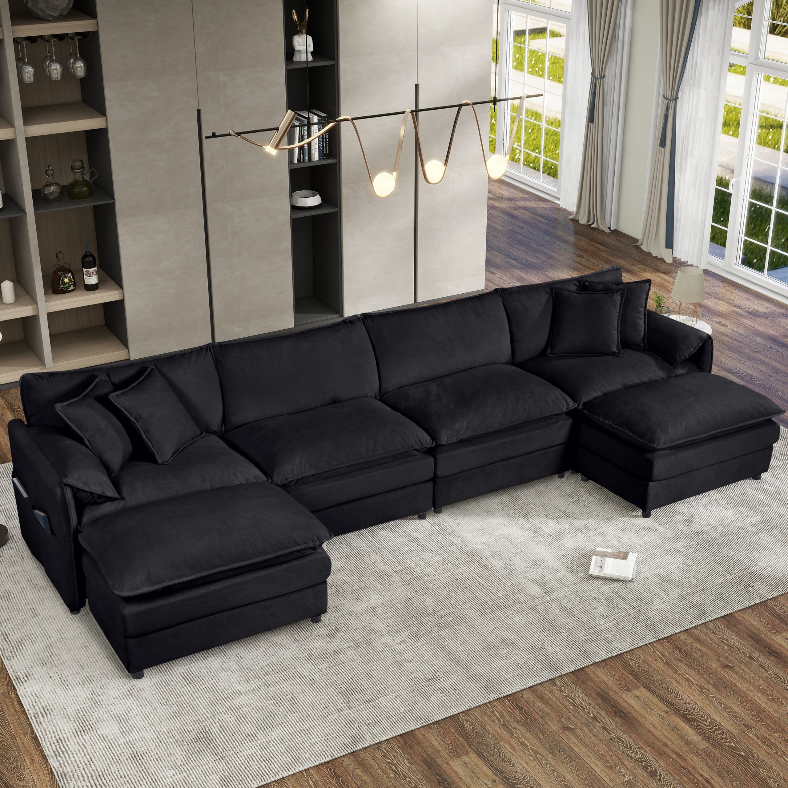 (Old:W3163S00030) Modular Sectional Sofa, Oversized Deep Seat U Shaped Couch Set for Living Room, 4-Seater Comfy Cloud Couches with 2 Movable Ottomans, DIY Combination, Chenille,Black
