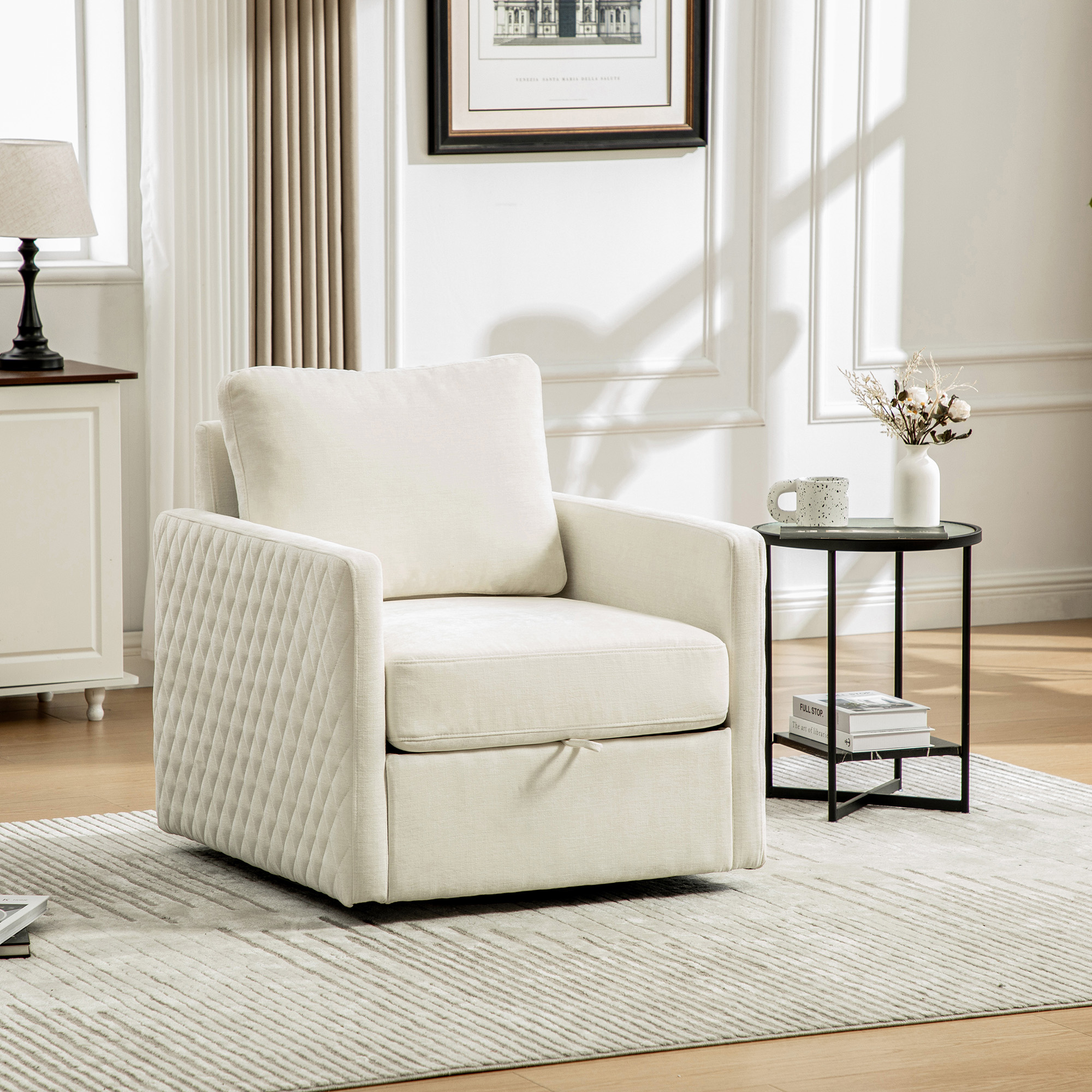 29.5”W Upholstered 360° Swivel Armchair with Hidden Storage, Comfy Diamond-Shape Tufted Armrests Accent Square Club Chair Single Sofa with Pillow for Living Room, Bedroom,Reading Nook,Corner, Beige