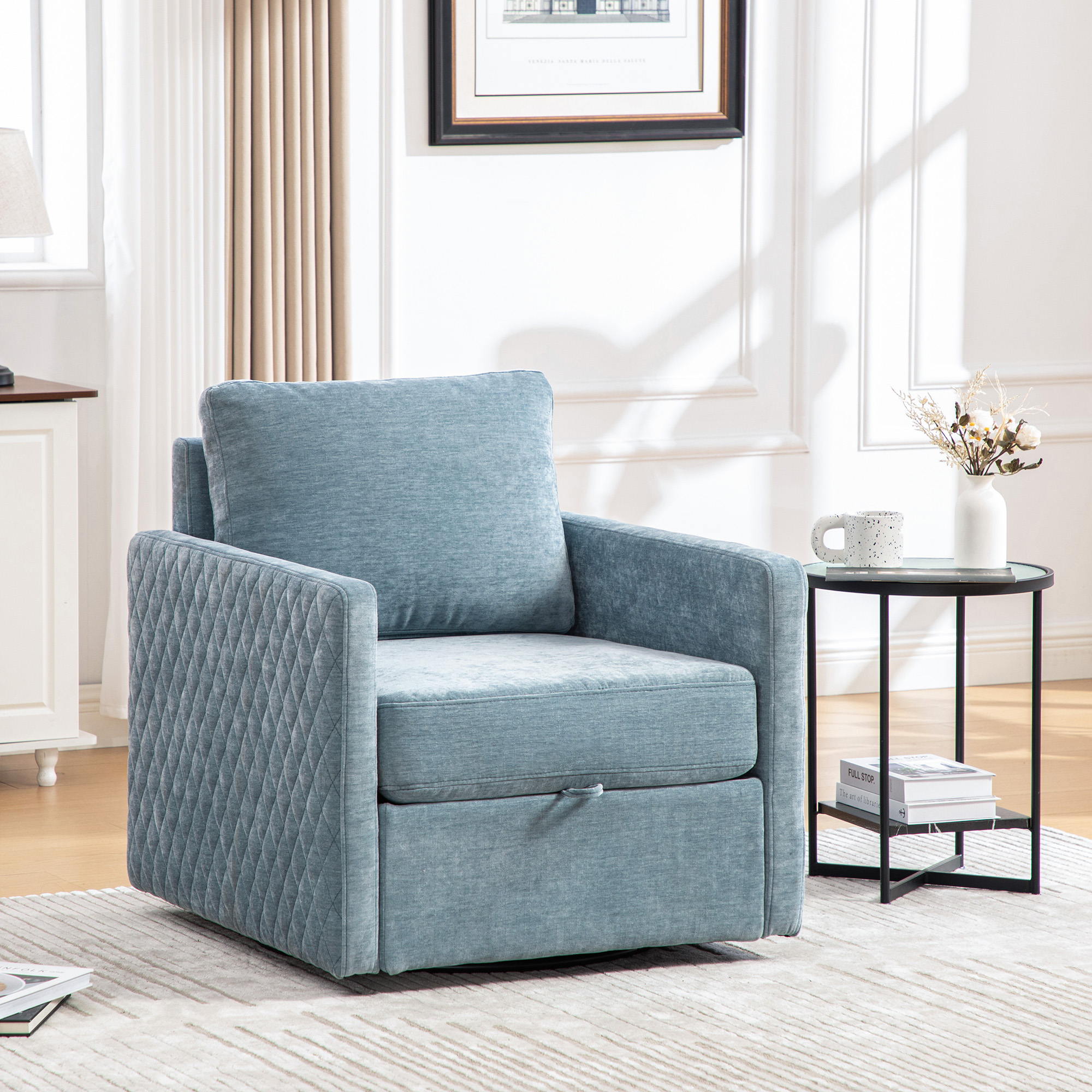 29.5”W Upholstered 360° Swivel Armchair with Hidden Storage, Comfy Diamond-Shape Tufted Armrests Accent Square Club Chair Single Sofa with Pillow for Living Room, Bedroom,Reading Nook,Corner, Blue