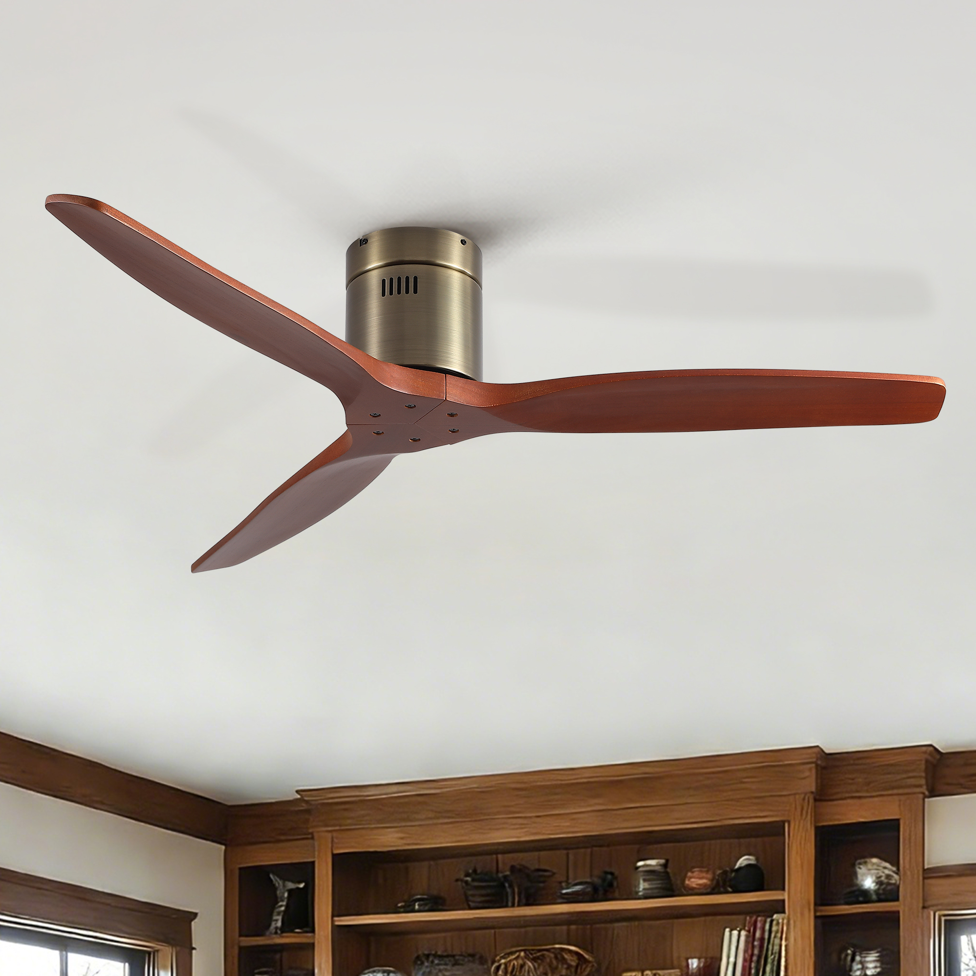 52 inch American Farmhouse Rustic Elegance Classical Solid Wood Low Profile Flush Mount Ceiling Fan without Light