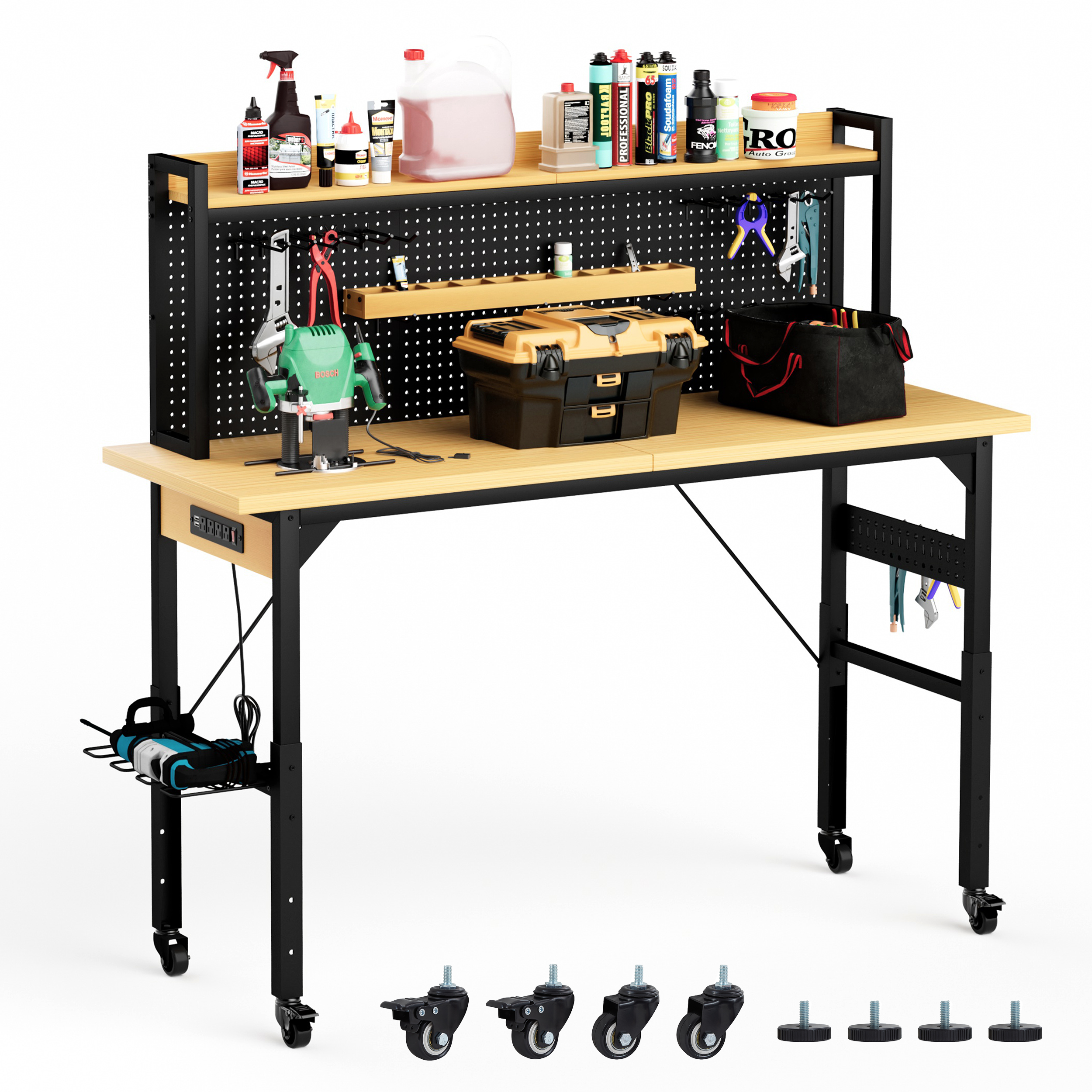 71”Adjustable Workbench with pegboard, Heavy Duty Wooden Desktop Workbench with Wheels, 1600 lb. Load Capacity, Rolling Workbench with AC/USB Outlet, Hooks, Shelf, for Garage, Workshop, Office, Home.