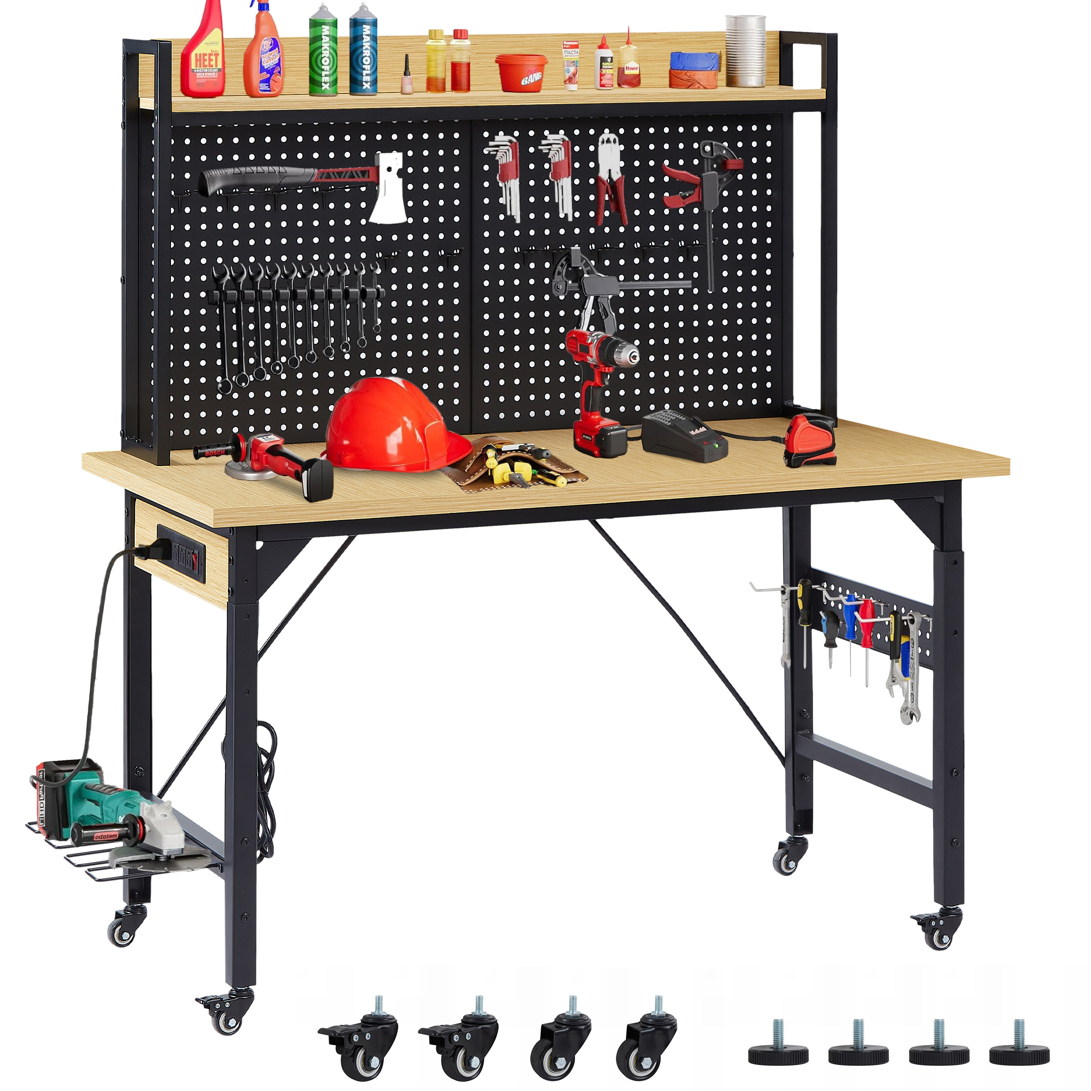 48”Adjustable Workbench with pegboard, Heavy Duty Wooden Desktop Workbench with Wheels, 1600 lb. Load Capacity, Rolling Workbench with AC/USB Outlet, Hooks, Shelf, for Garage, Workshop, Office, Home.