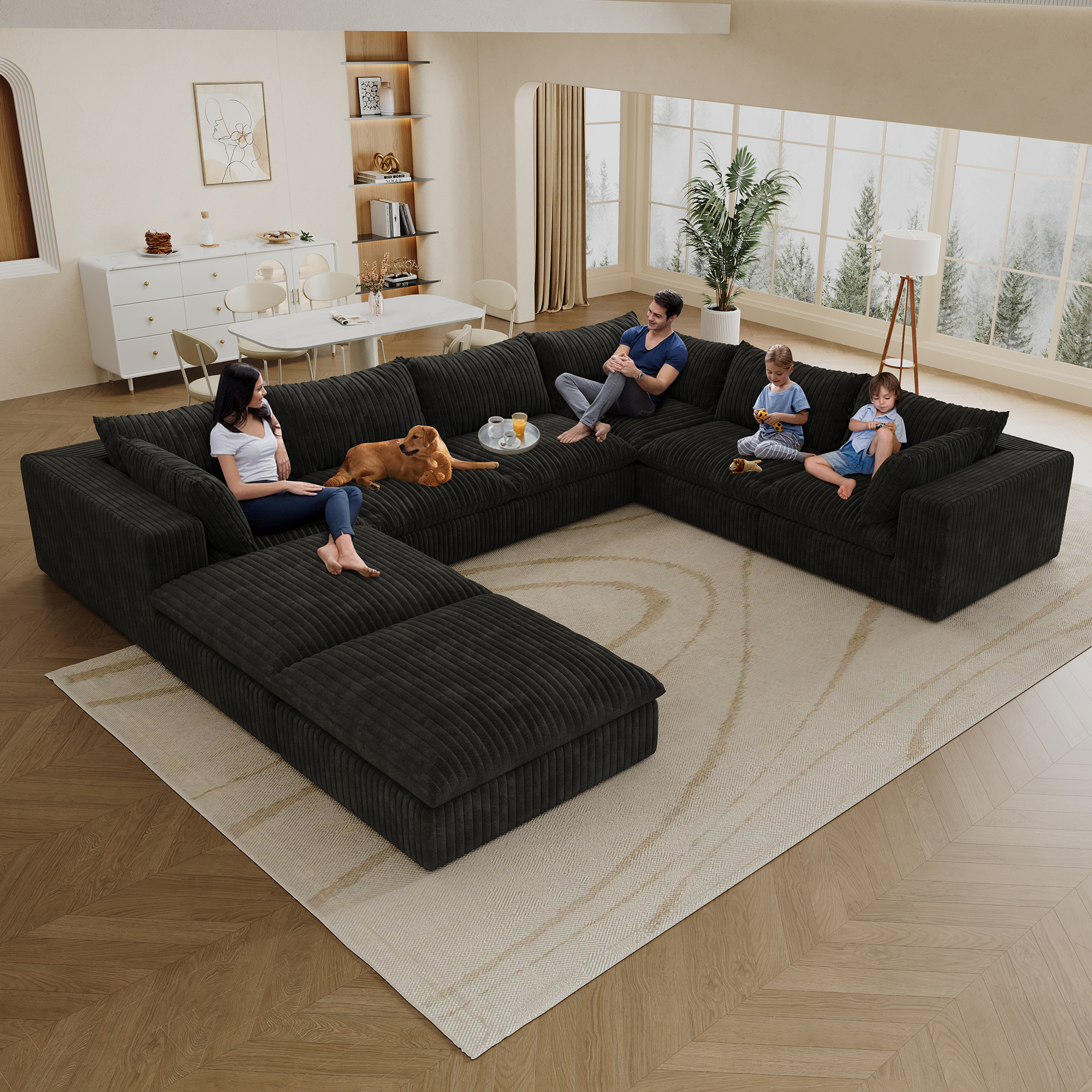 157.6″ Cloud Sofa,Corduroy Fabric,Deep Seat Couches,Double-layer design,Removable Cushion,No Assembly, DIY Combination for Living room, Bedroom,Conference room ,Apartment,Black