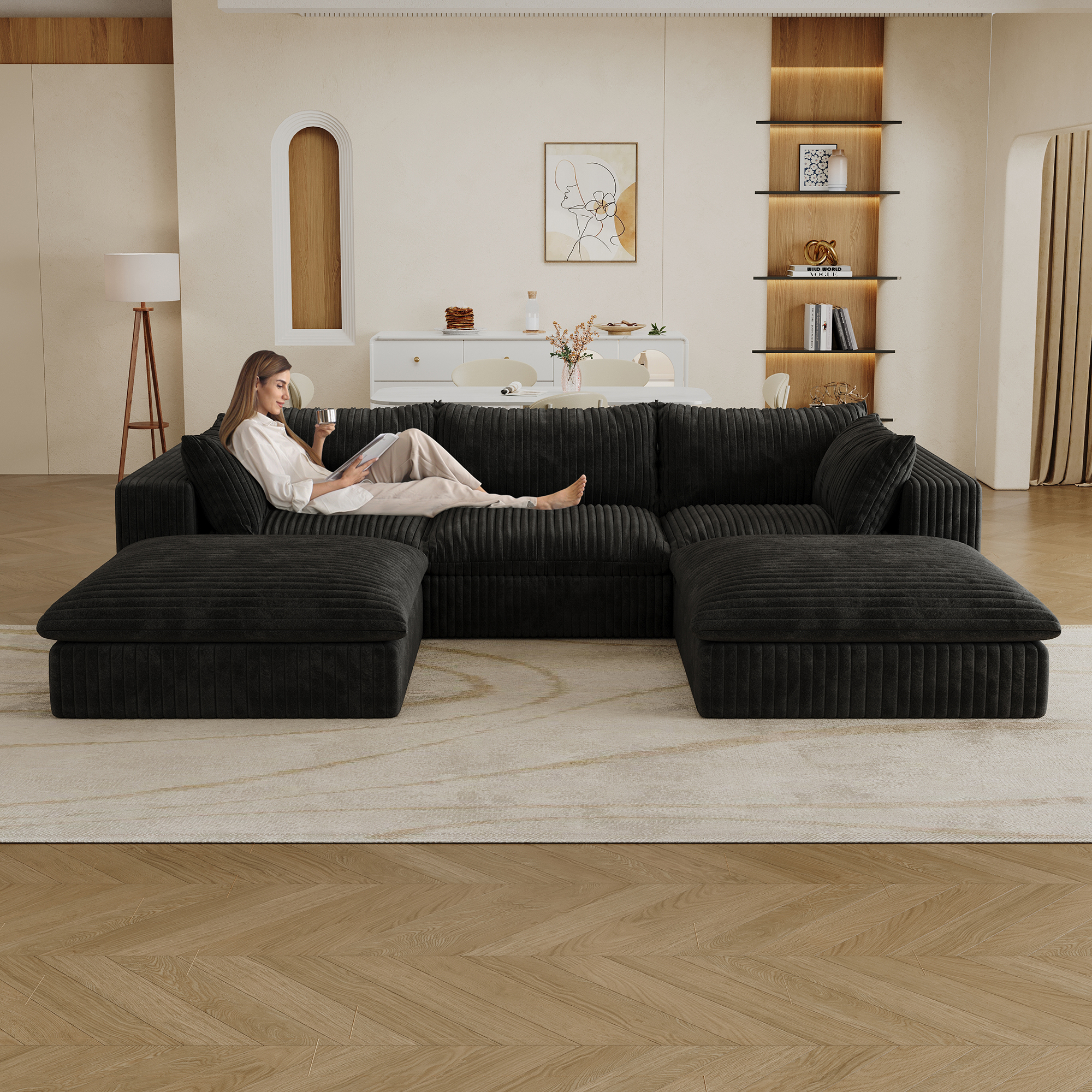 118.2″ Cloud Sofa,Corduroy Fabric,Deep Seat Couches,Double-layer design,Removable Cushion,No Assembly, DIY Combination for Living room, Bedroom,Conference room ,Apartment,Black