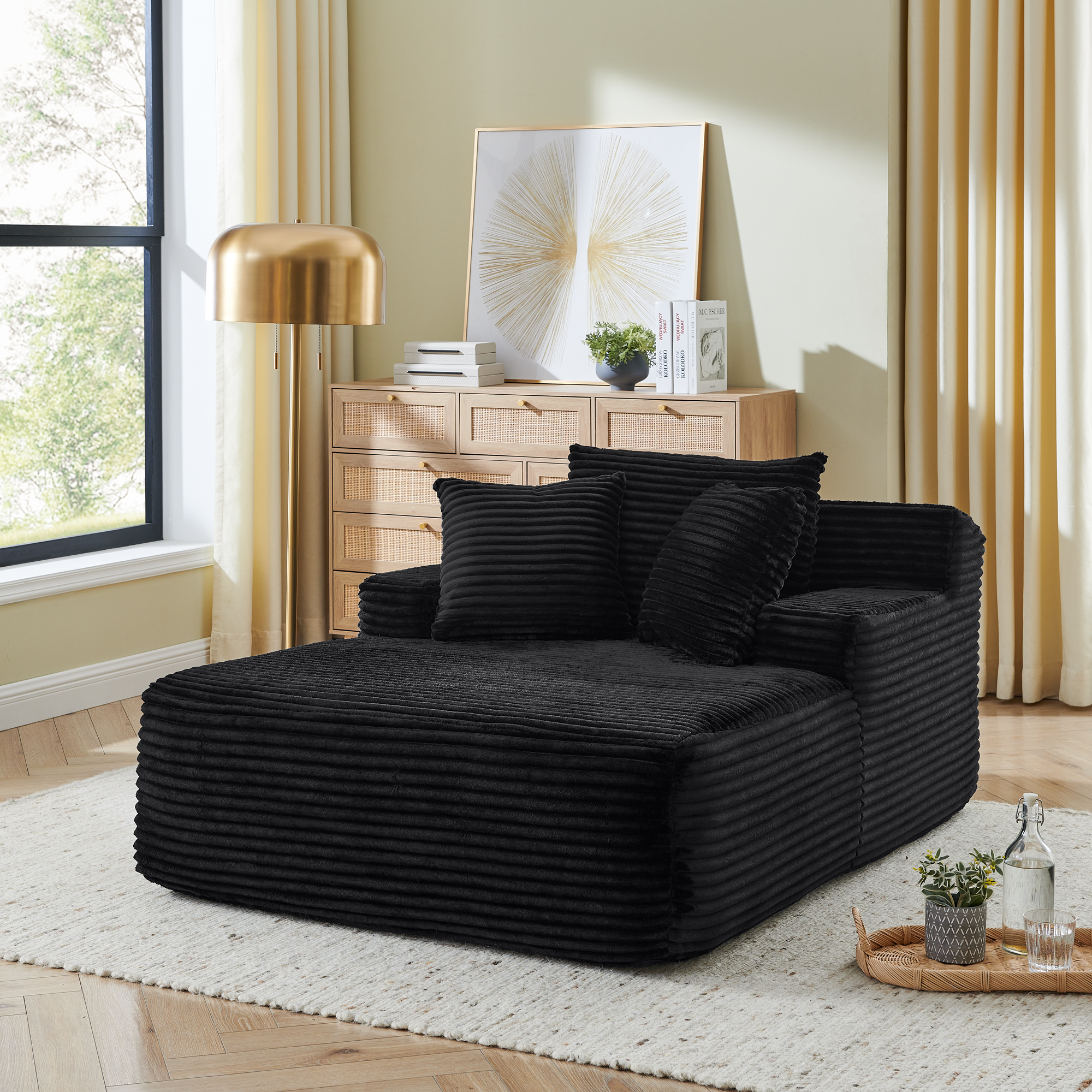 Single lazy sofa lounge chair, no assembly required, made of velvet fabric, fluffy modern single lounge chair, used for indoor living rooms and bedrooms-Black