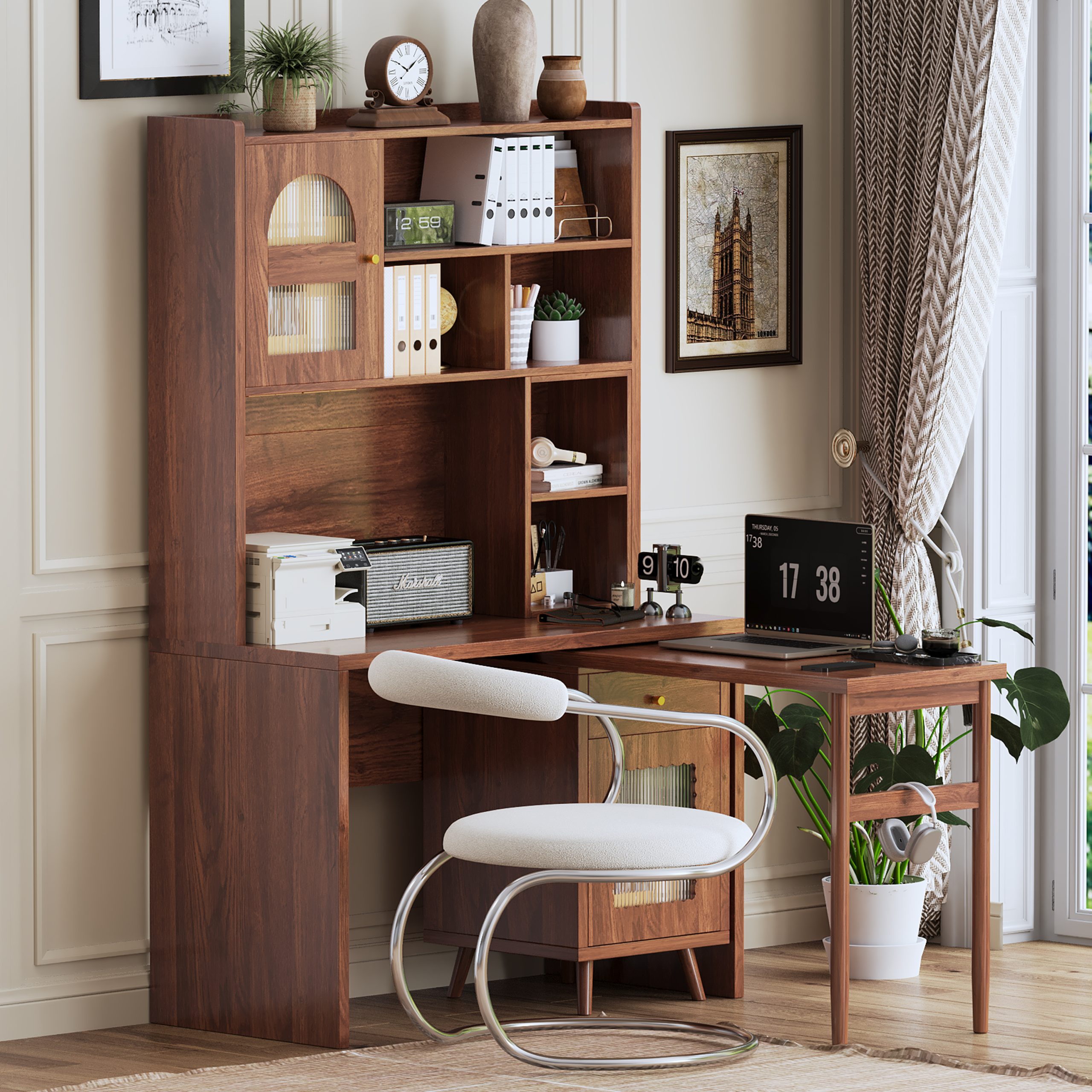Computer Desk with 90 Degree Rotating Desktop, 43×70 Inch Office Desk with Storage Drawer and Cabinets, Gaming Desk with Shelves, Writing Desk for Study, Work Desk for Home (Old SKU:N733P279101D)