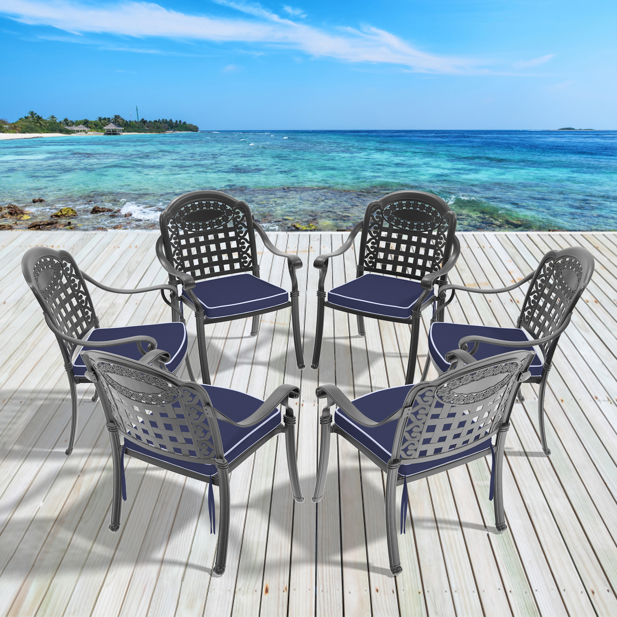 Cast Aluminum Patio Dining Chair 6PCS With Black Frame and Blue Cushions (same as:W1710S00511)