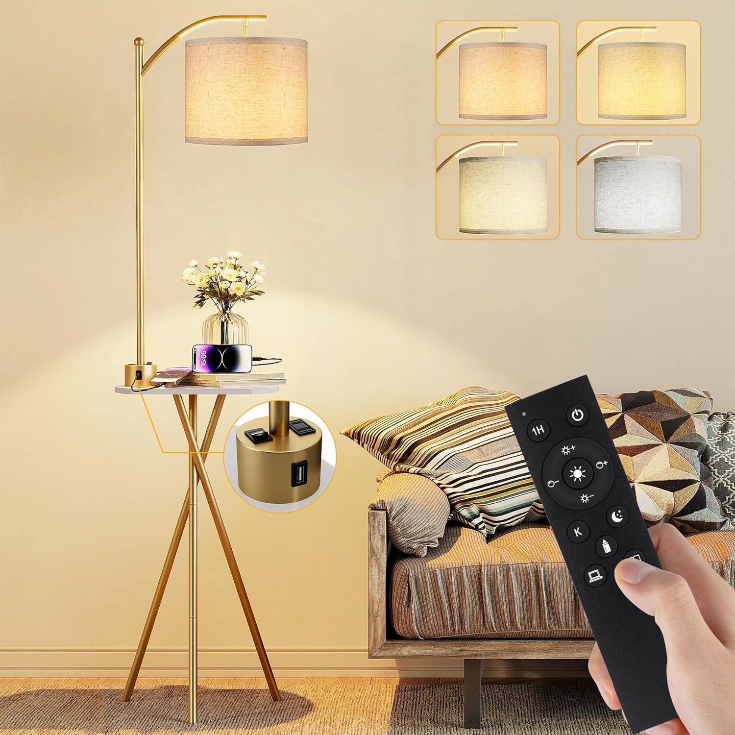 Floor Lamp with Table, End Table Lamp with Remote Control and Charging Station(USB & Type-C & AC Port), 4 Color Temperatures, Floor Lamps for Living Room, Bedroom and Home Office,Gold