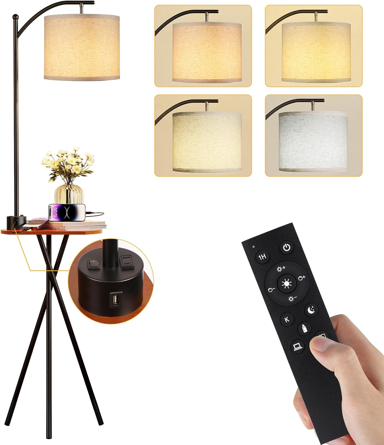 Floor Lamp with Table, End Table Lamp with Remote Control and Charging Station(USB A & Type-C & AC Port), 4 Color Temperatures, Floor Lamps for Living Room, Bedroom and Home Office,Black