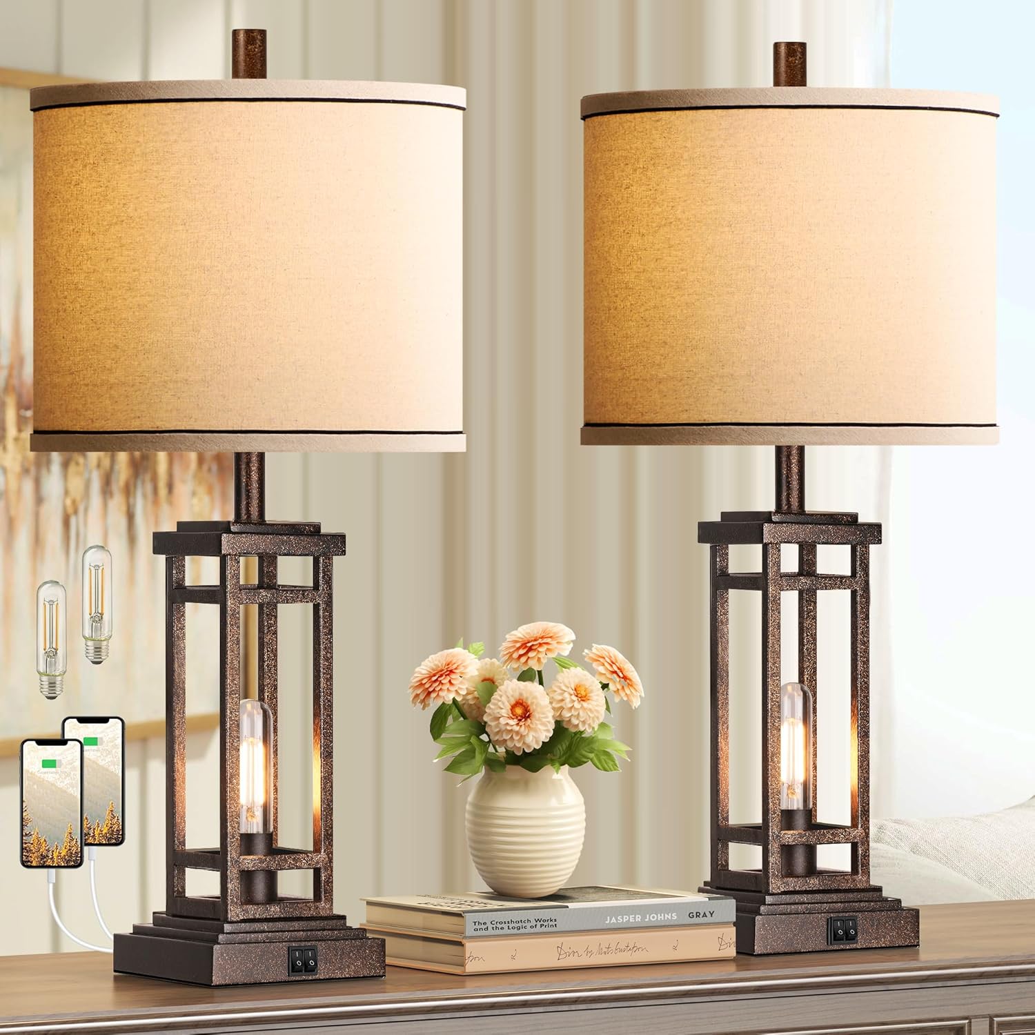 27.5 Tall Farmhouse Table Lamps with USB C + USB A Charge Ports, Rustic Living Room Lamps Set of 2, Black Industrial End Table Lamp for Bedroom Living Room Nightstand (Bronze)
