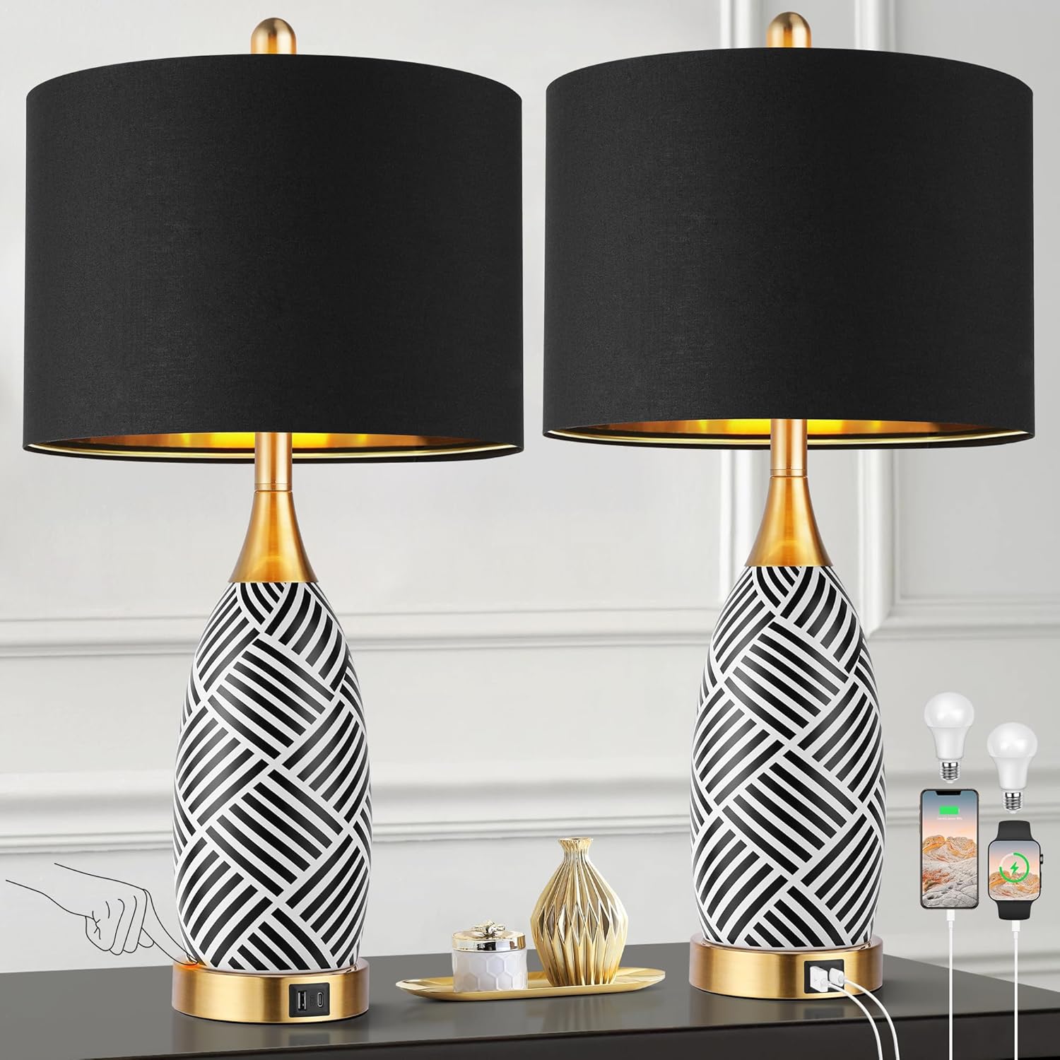 25.5″ Touch Control Black and Gold Lamp,3-Way Dimmable Modern Ceramic Table Lamps with USB & Type-C Ports,Classic Black/White Striped Bedside Lamps for Bedroom Living Room Office(Bulbs Included)