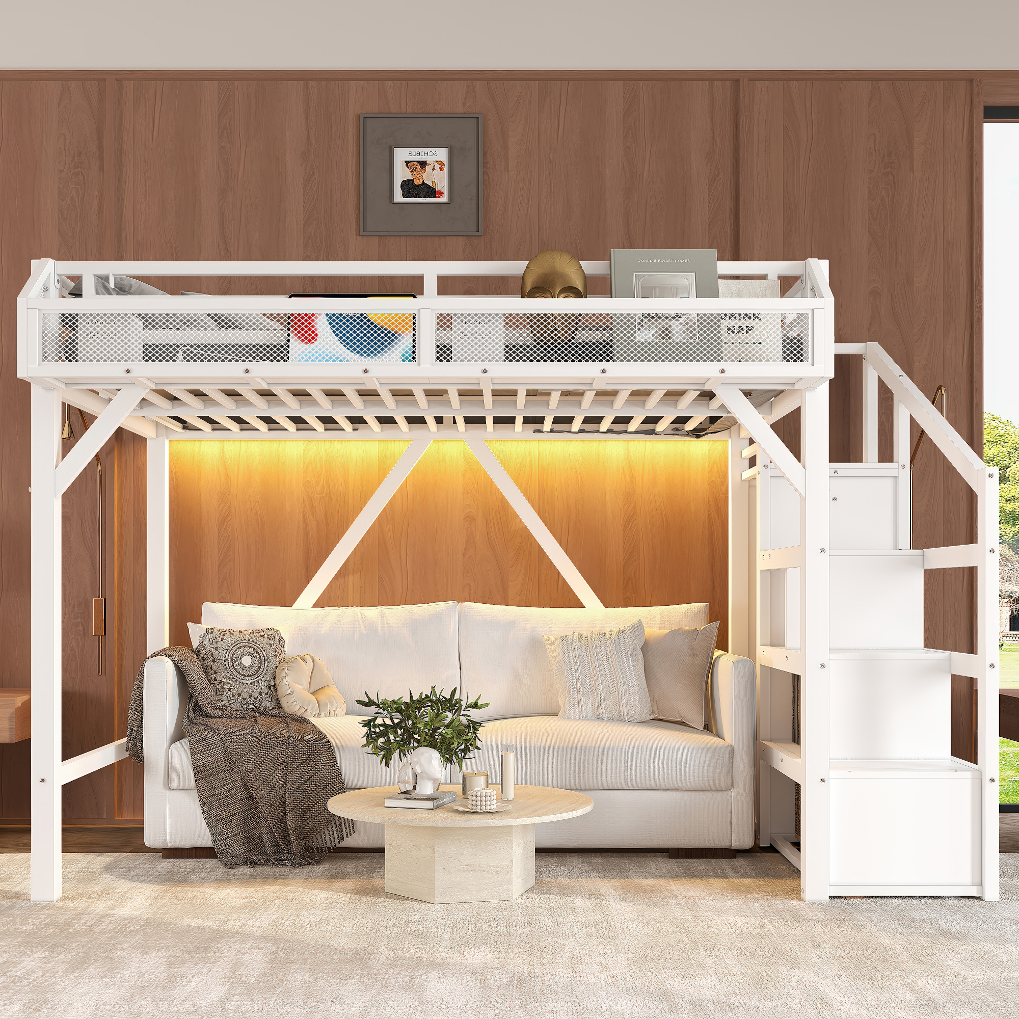 Twin XL Loft Bed with Storage Stairs, Shelves and Built-in Wardrobe, Metal Loft Bed Frame with USB Ports and LED Lights, Noise-reduced Design, White