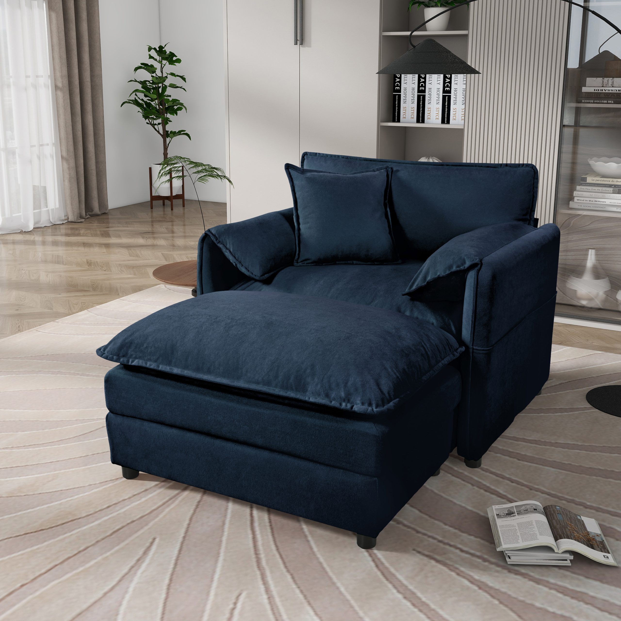 (Old:W3163S00002) Oversized 57.48″ Recliner Chair with Movable Ottoman – Soft Chenille Upholstered Indoor Lounge Chair for Living Room or Bedroom,DIY Combination,Blue
