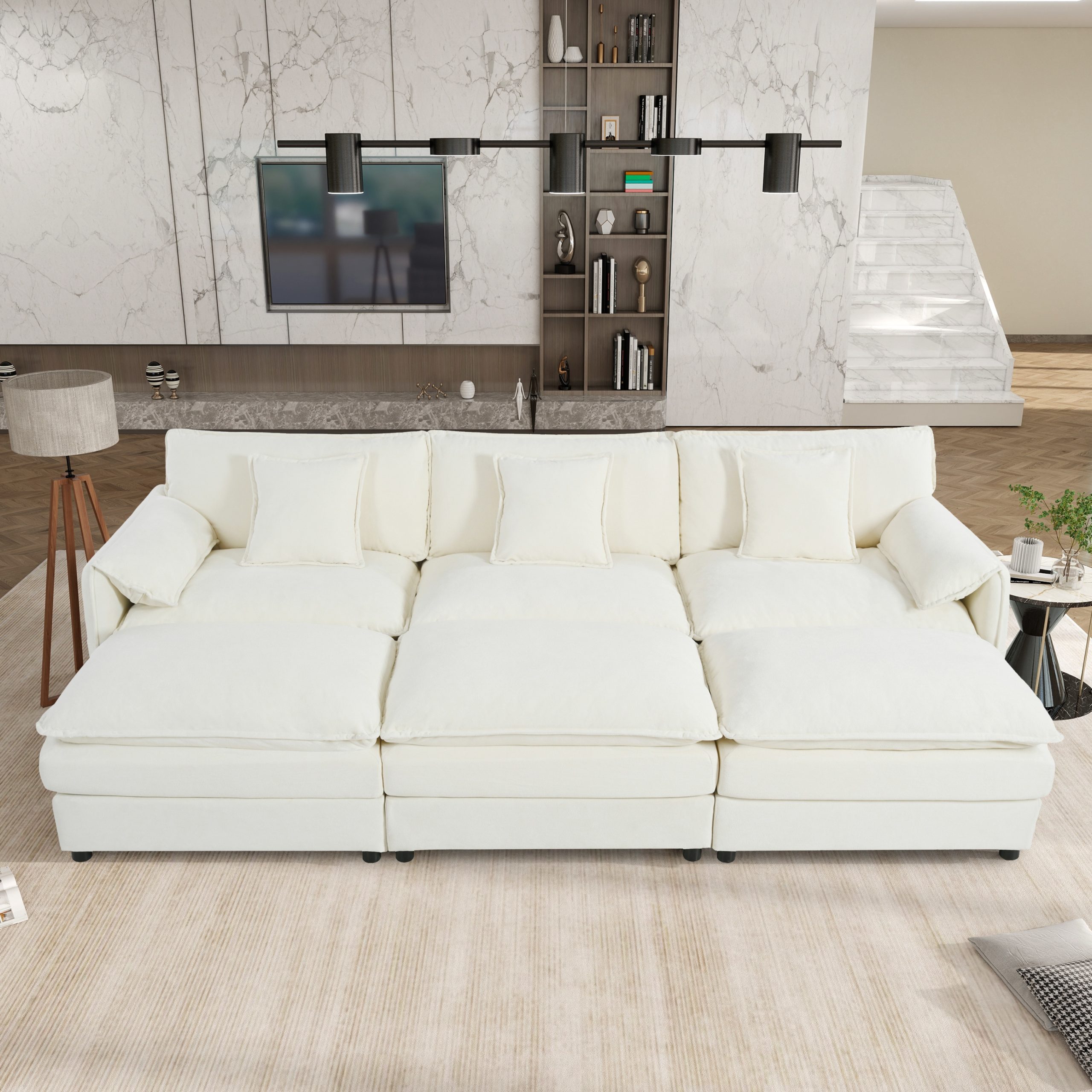 (Old:W3163S00025) Oversized Deep Seat Sectional Cloud Sofa Sleeper with 3 Ottomans & Soft Pillows, Modular Couch Bed for Living Room, Apartment, DIY Combination Chenille,Beige