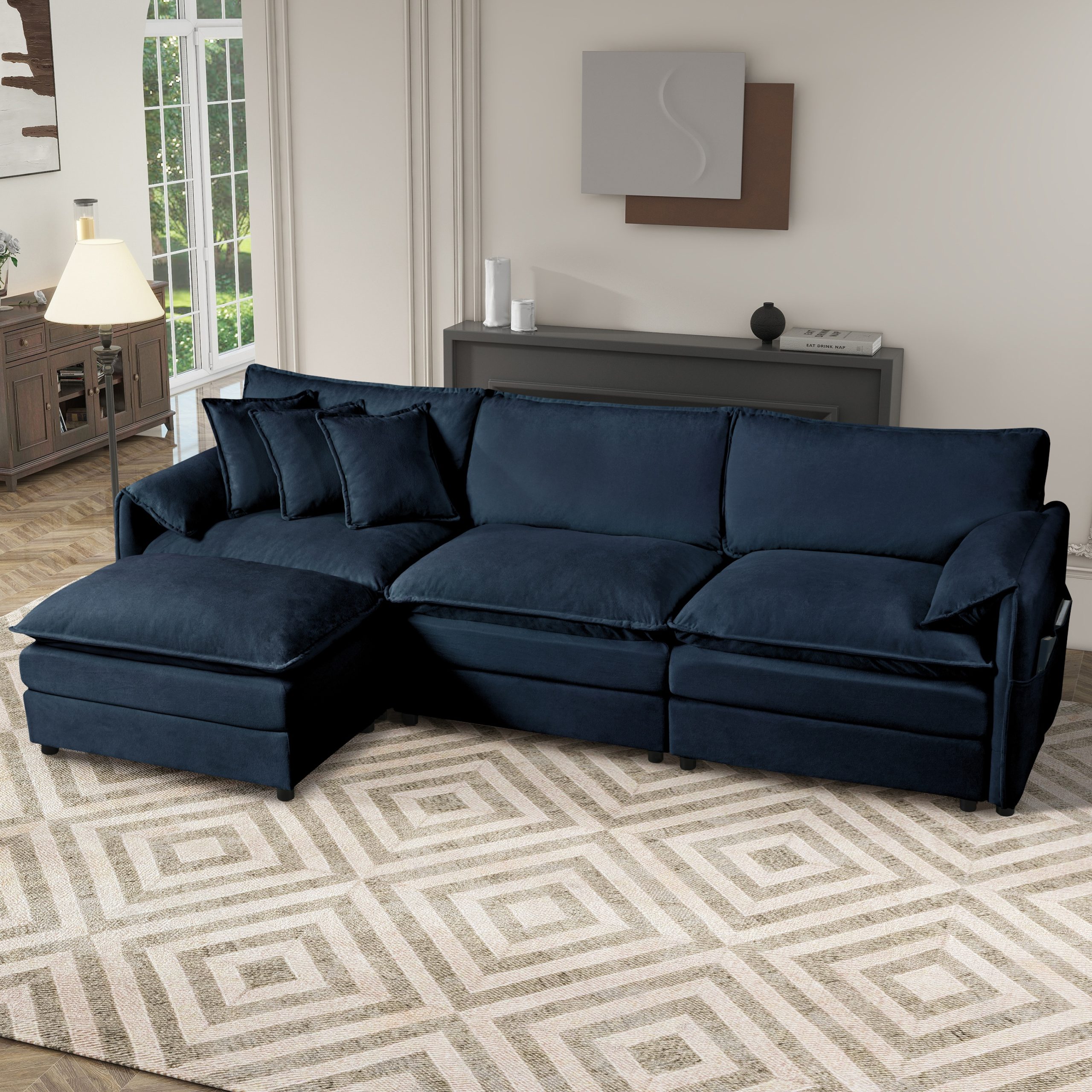 (Old:W3163S00020) Modular Sectional Sofa, Oversized Deep Seat L Shaped Couch Set for Living Room, 3-Seater Comfy Cloud Couches with Movable Ottoman, DIY Combination, Chenille,Blue