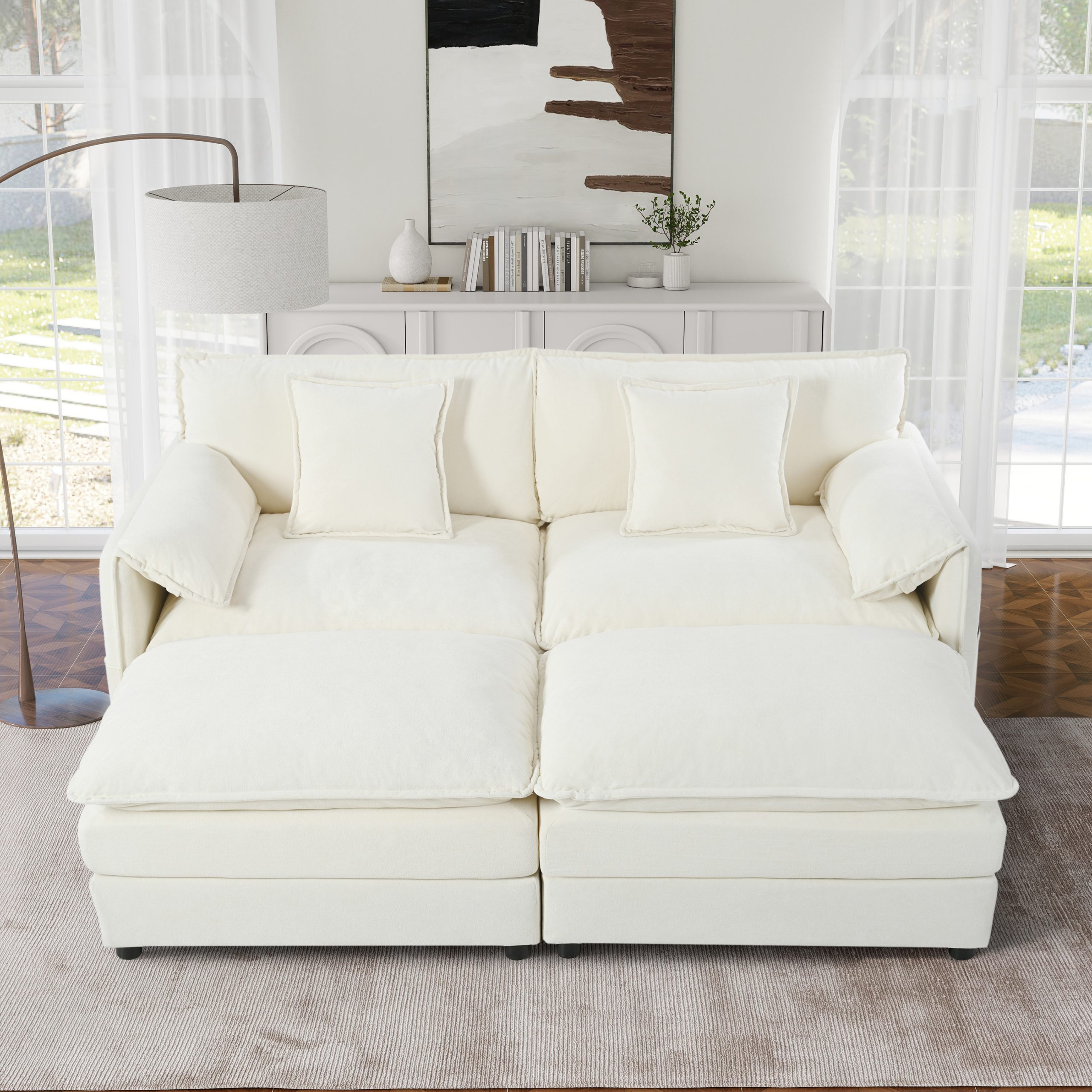 (Old:W3163S00013) Deep Seat Sectional Cloud Sofa with 2 Ottomans & Soft Pillows, Loveseat Modular Couch for Living Room, Apartment,DIY Combination,Beige
