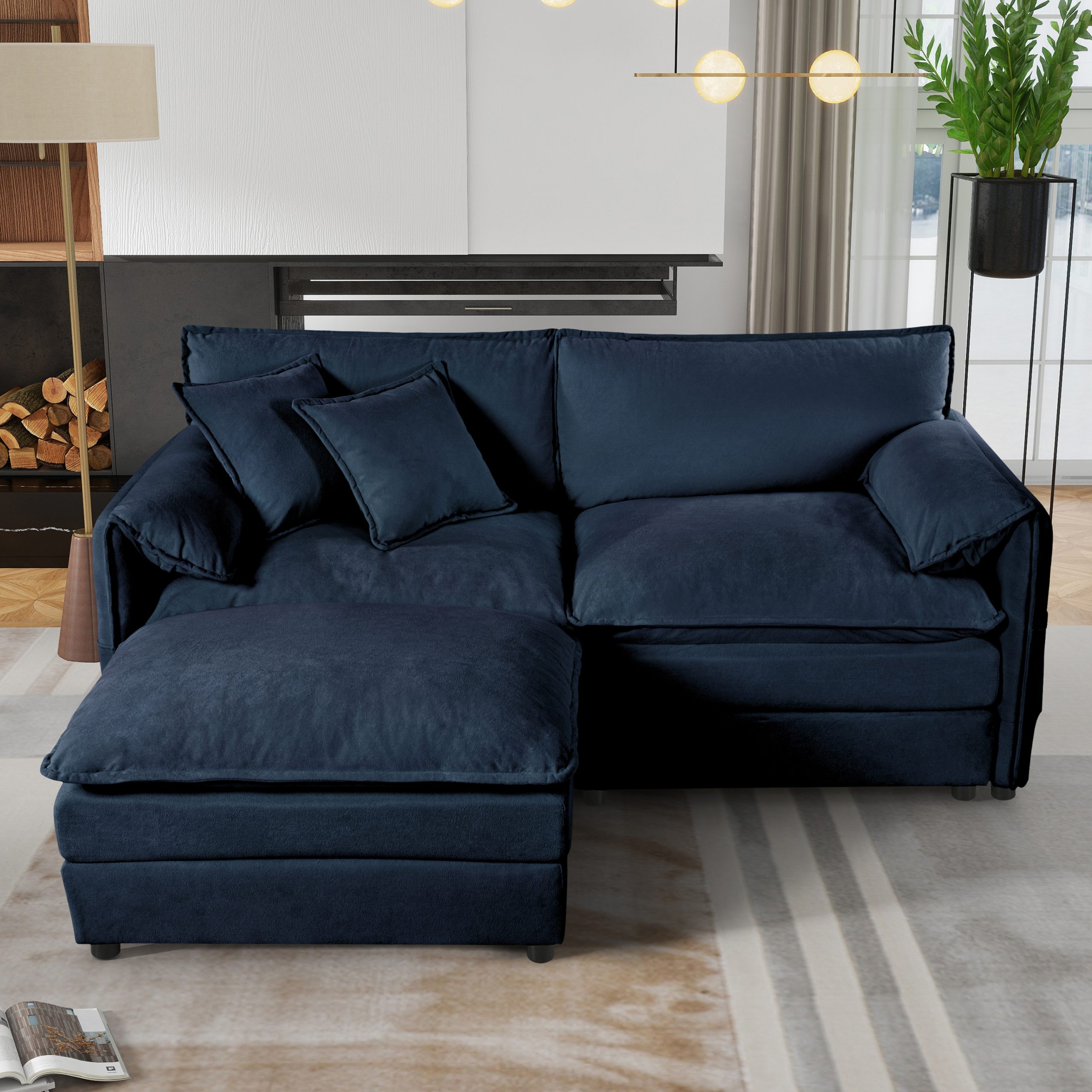 (Old:W3163S00011) Deep Seat Sectional Sofa Cloud Couch with Ottoman,  Modern Chenille Comfy Love Seat Upholstered Modular L Shaped Couch for Living Room, Apartment, Office,DIY Combination,Blue