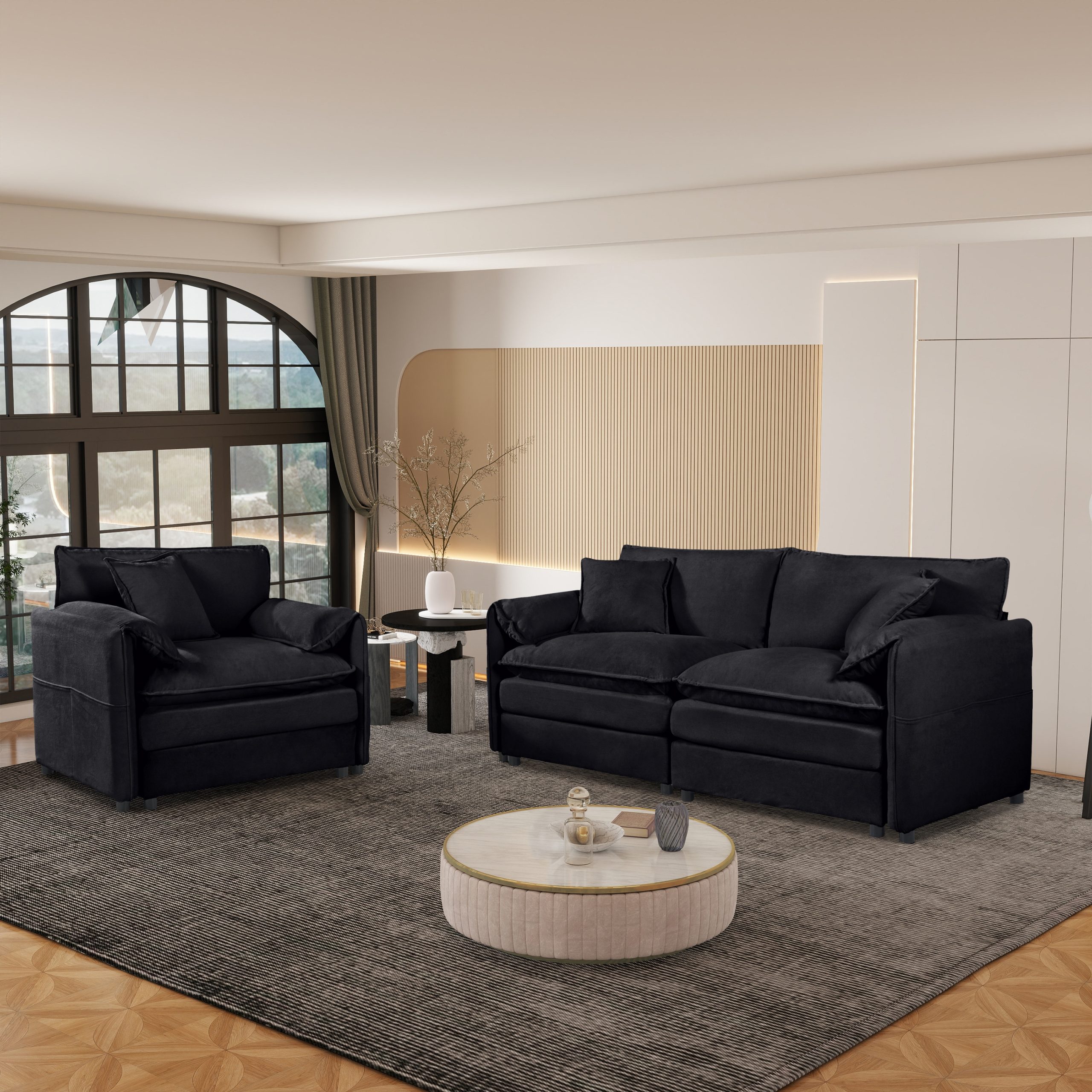 (Old:W3163S00033) Luxury 2-Piece Chenille Cloud Loveseat Set with 3 Pillows, Deep Seat Modern Couch & Armchair for Living Room, Bedroom, or Office, DIY Combination,Black