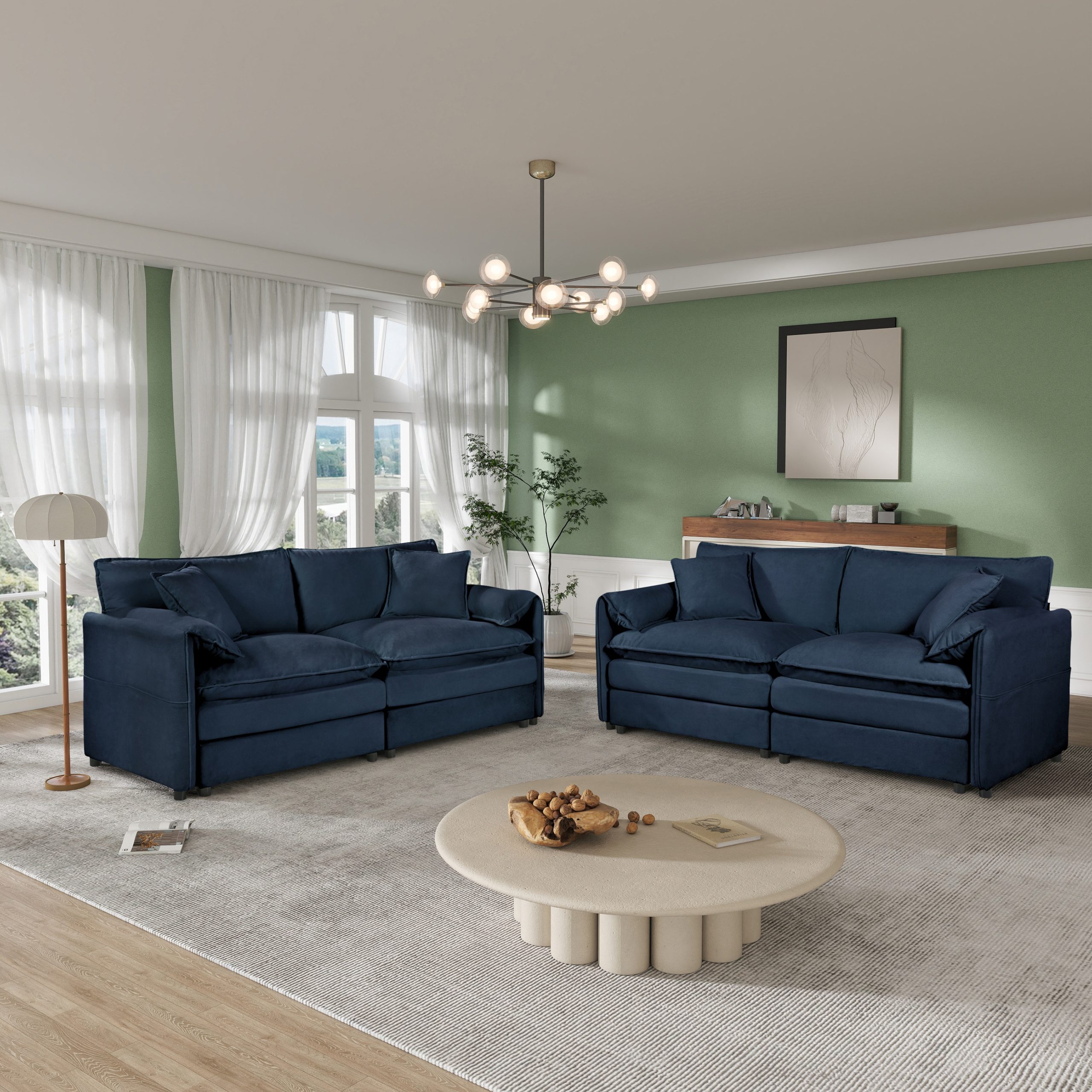 (Old:W3163S00035) Oversized Deep Seat Luxury 2 Piece Sofa Set, 2 Pieces of Loveseat Sofa, Modern Chenille Comfy Cloud Couches Set for Living Room Office with 4 Pillows,DIY Combination,Blue
