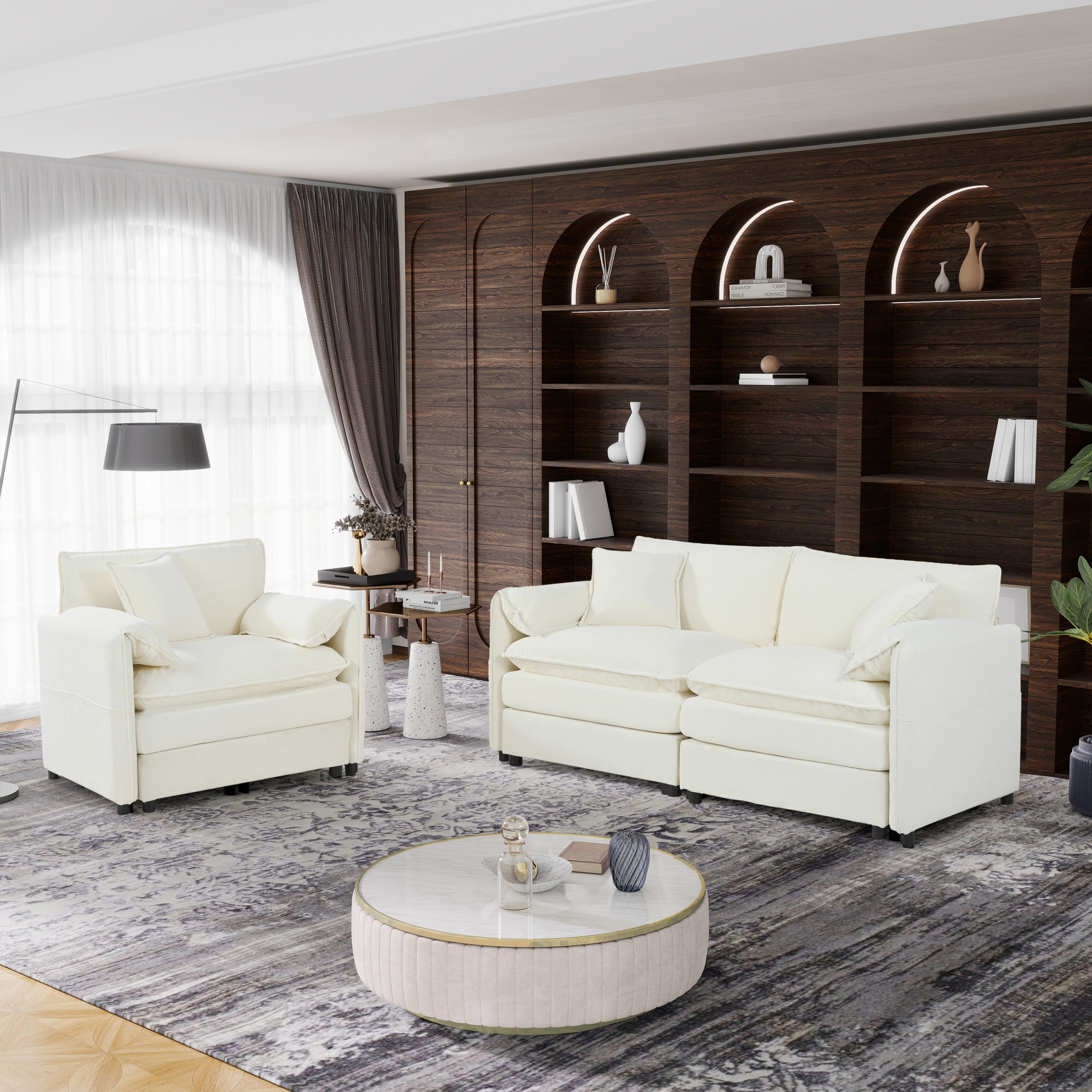 (Old:W3163S00031) Luxury 2-Piece Chenille Cloud Loveseat Set with 3 Pillows, Deep Seat Modern Couch & Armchair for Living Room, Bedroom, or Office, DIY Combination,Beige