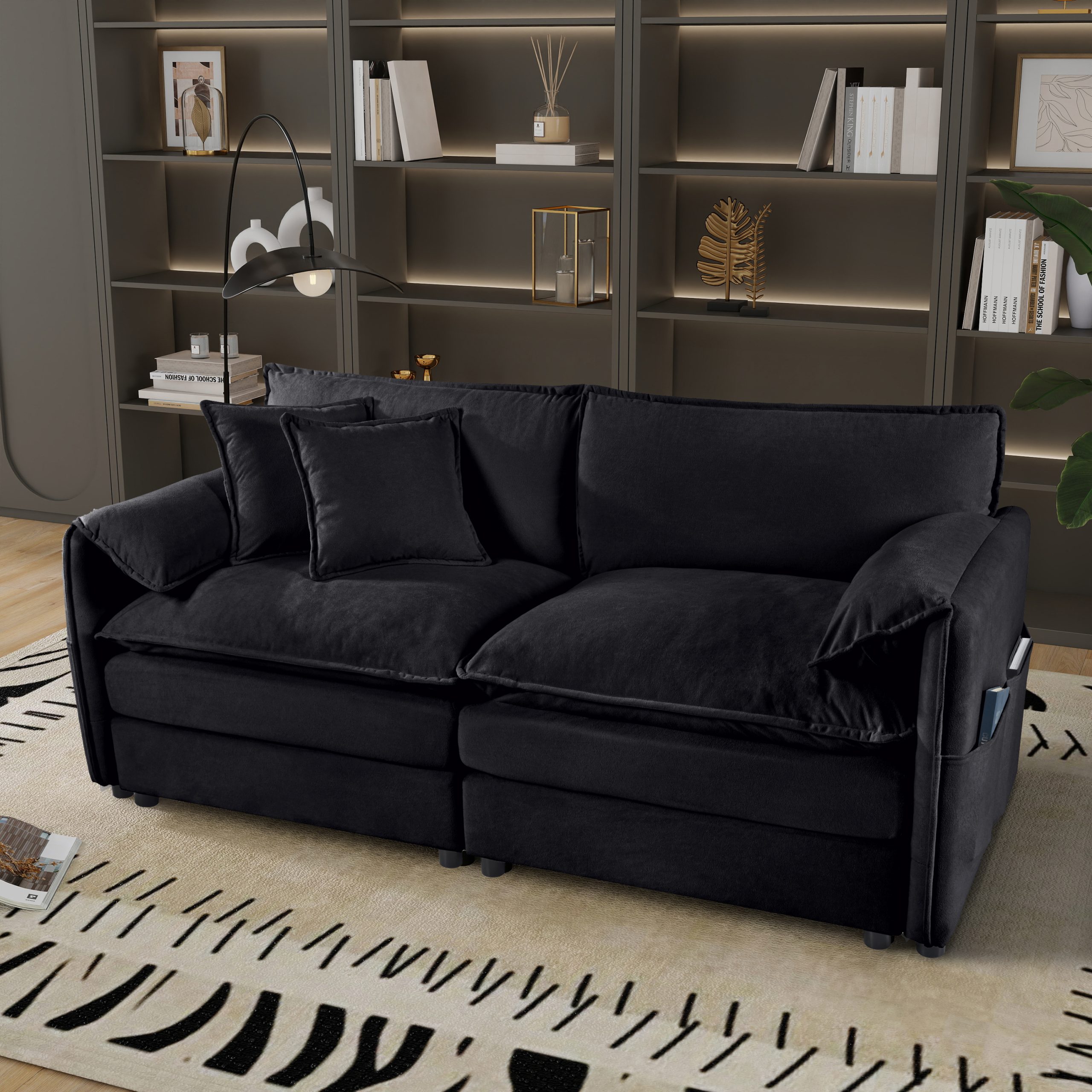 (Old:W3163S00006) Oversized Chenille Loveseat Sofa, Oversized 2-Seater Small Cloud Couch, Modern Comfy Deep Seat Love Seat for Living Room Bedroom Office Apartment,DIY Combination,Chenille,Black