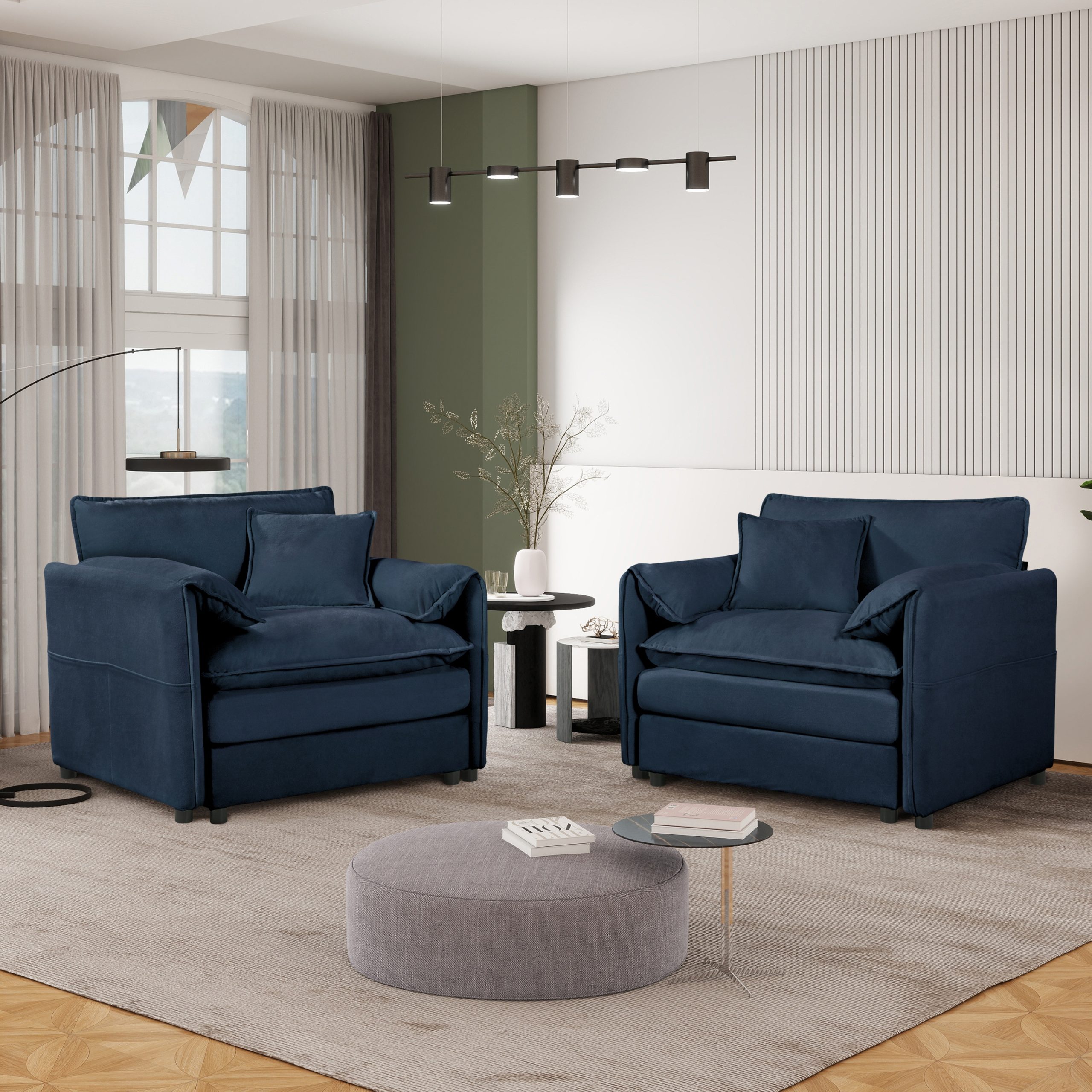(Old:W3163S00008) Oversized Chenille Oversized Accent Chair Set of 2, Comfy Single Sofa Chair with Large Seat , Modern Armchair Reading Chairs for Bedroom, Living Room,Chenille,Blue