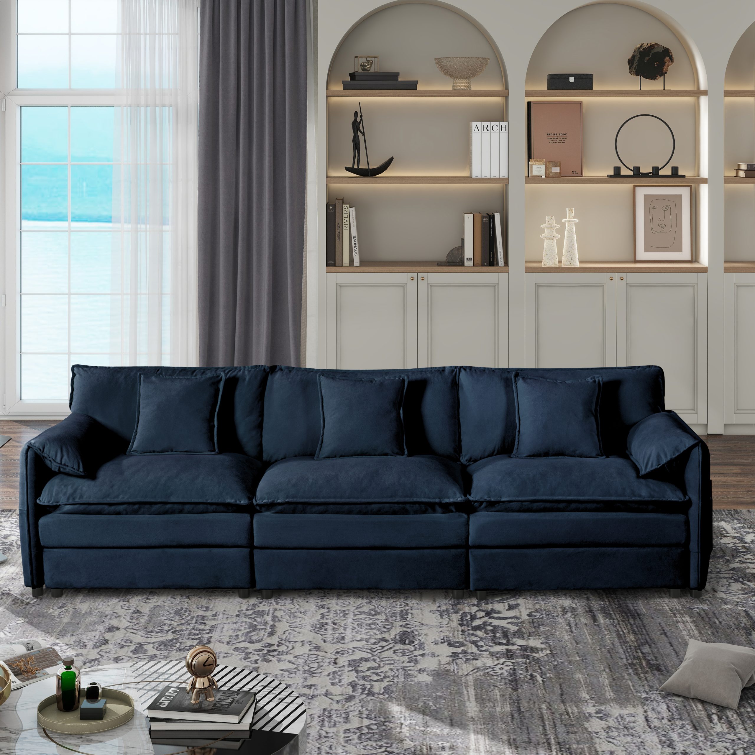 (Old:W3163S00017) Oversized Deep Seat Sectional Sofa, Modern Chenille Cloud Couch, Large 3 Seater Modular Sofa with 3 Pillows for Living Room Bedroom Apartment Office,DIY Combination,Chenille,Blue