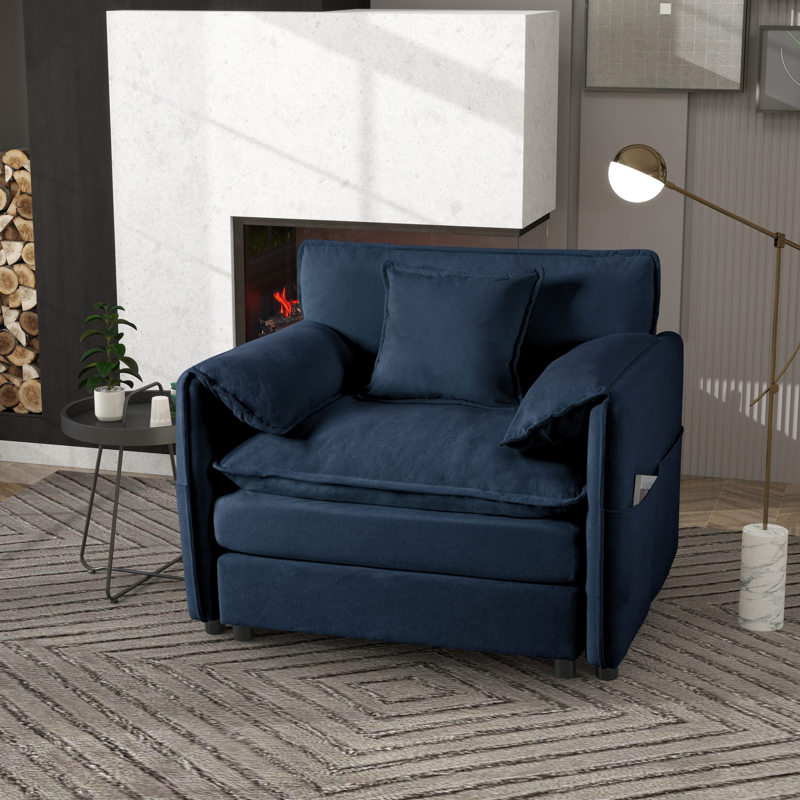 (Old:W3163P269205) Oversized 41.73″ Chenille Armchair with 1 Toss Pillow, Modern Modular Reading Chair for Living Room or Bedroom, Deep-Seat DIY Sectional Sofa,Chenille,Blue