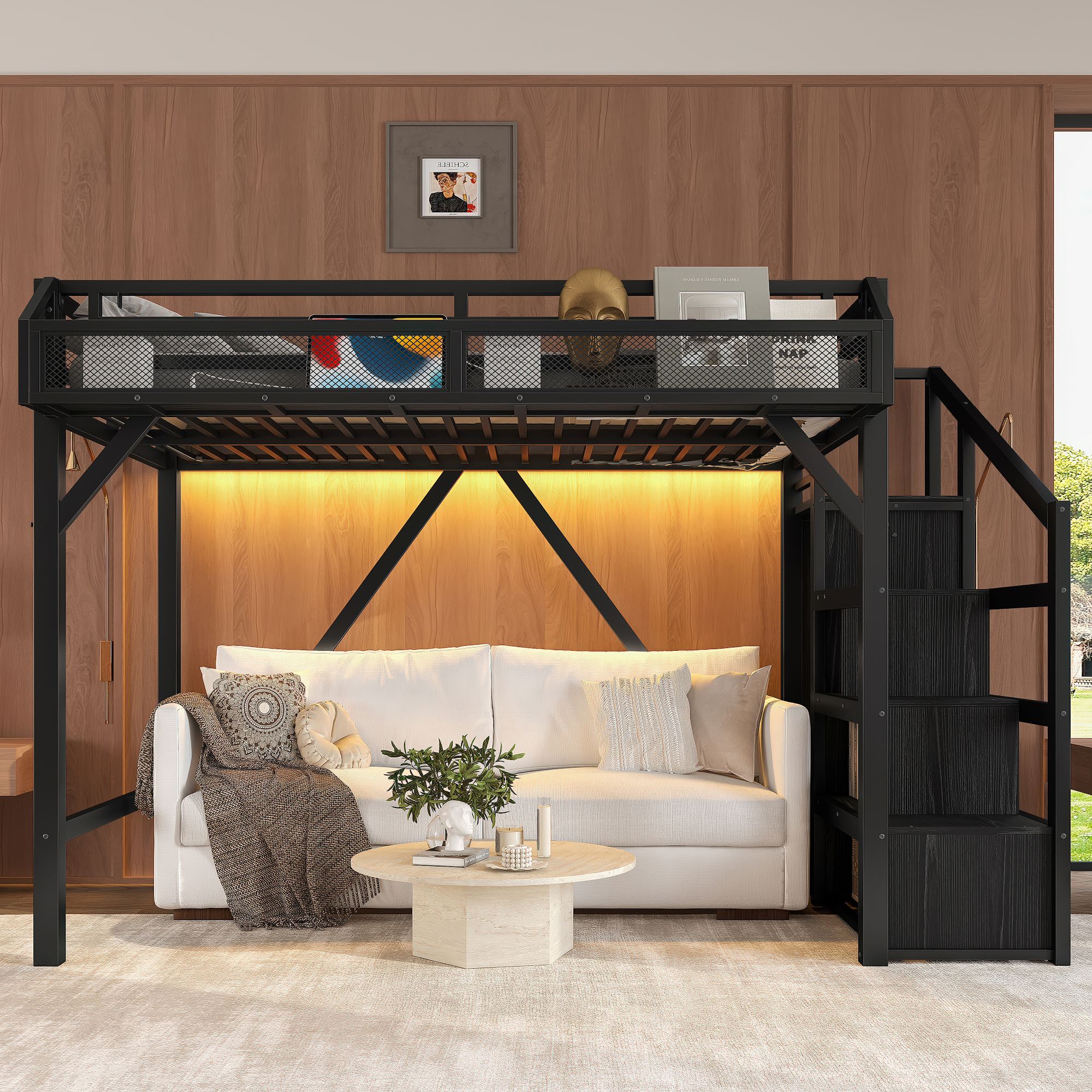Twin XL Loft Bed with Storage Stairs, Shelves and Built-in Wardrobe, Metal Loft Bed Frame with USB Ports and LED Lights, Noise-reduced Design, Black