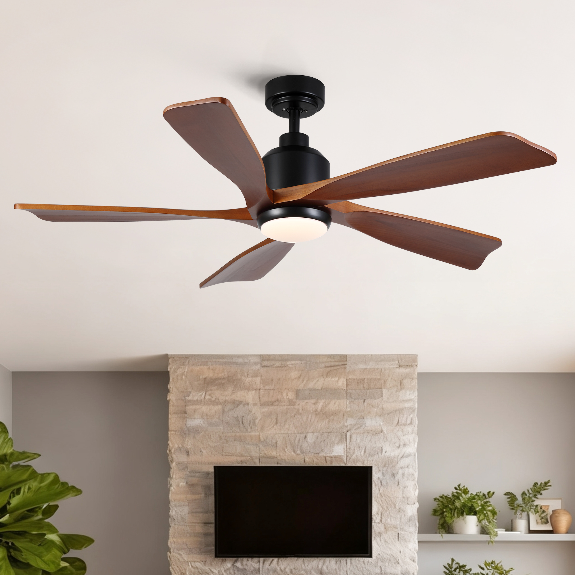 52 inch Modern Farmhouse Solid Wood Black Ceiling Fan with Light, Quiet DC Motor