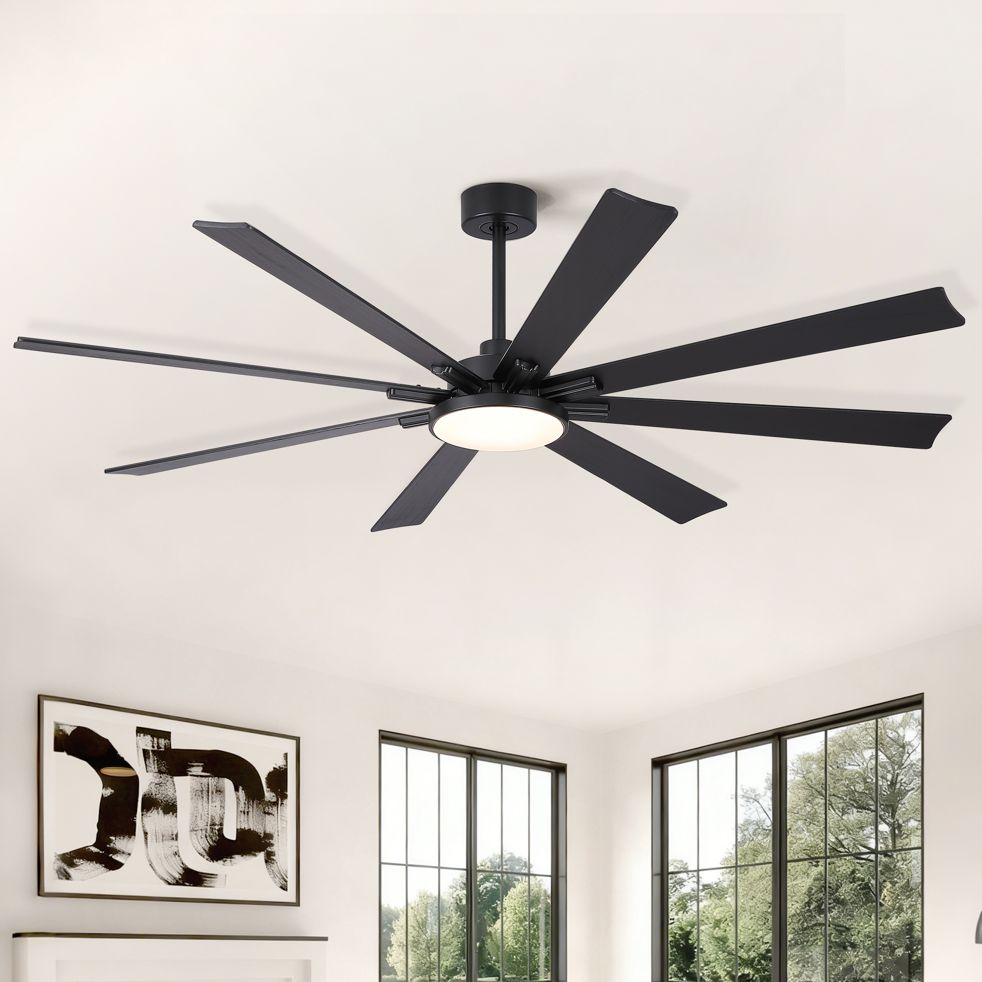 72 inch Mordern Minimalism Black Ceiling Fan with Light and Solid Wood Blades