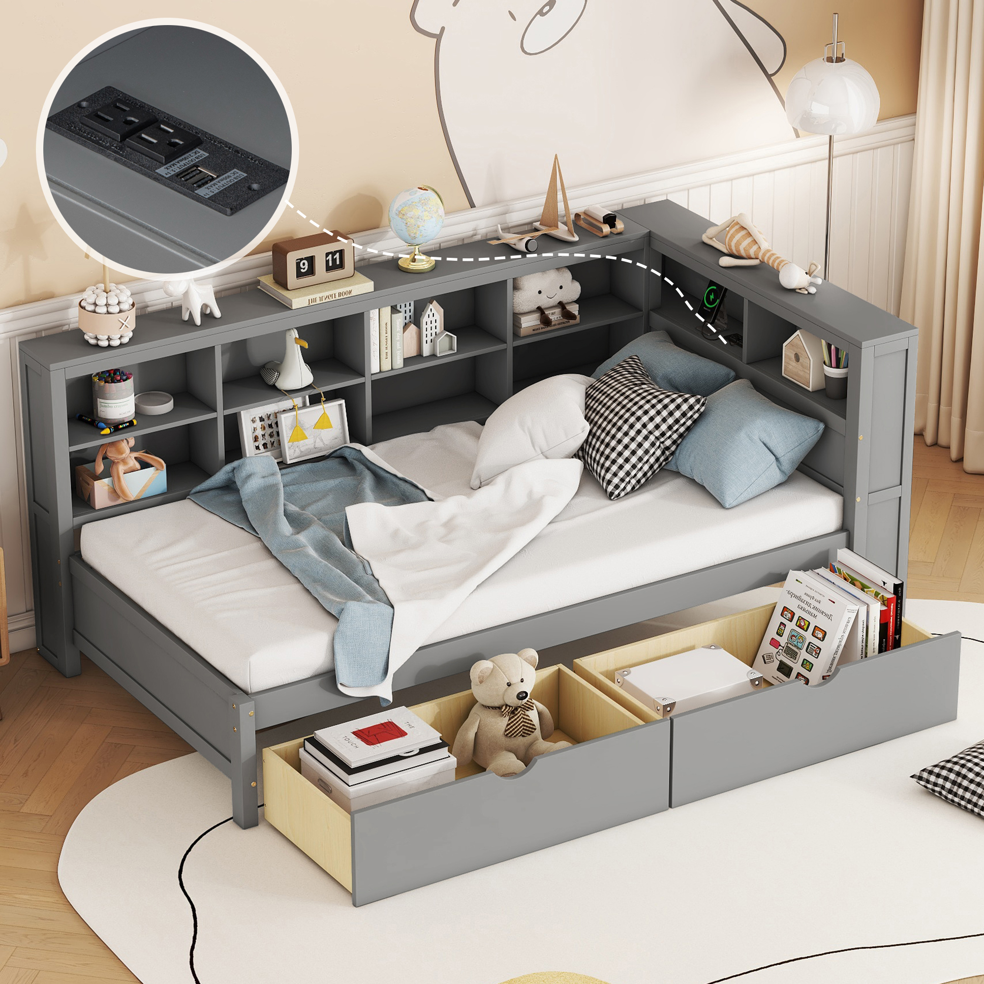 Wooden Twin Size DayBed with 2 Drawers, DayBed with Storage Shelf and USB Charging Ports,Grey(OLD SKU: N733S170510E)