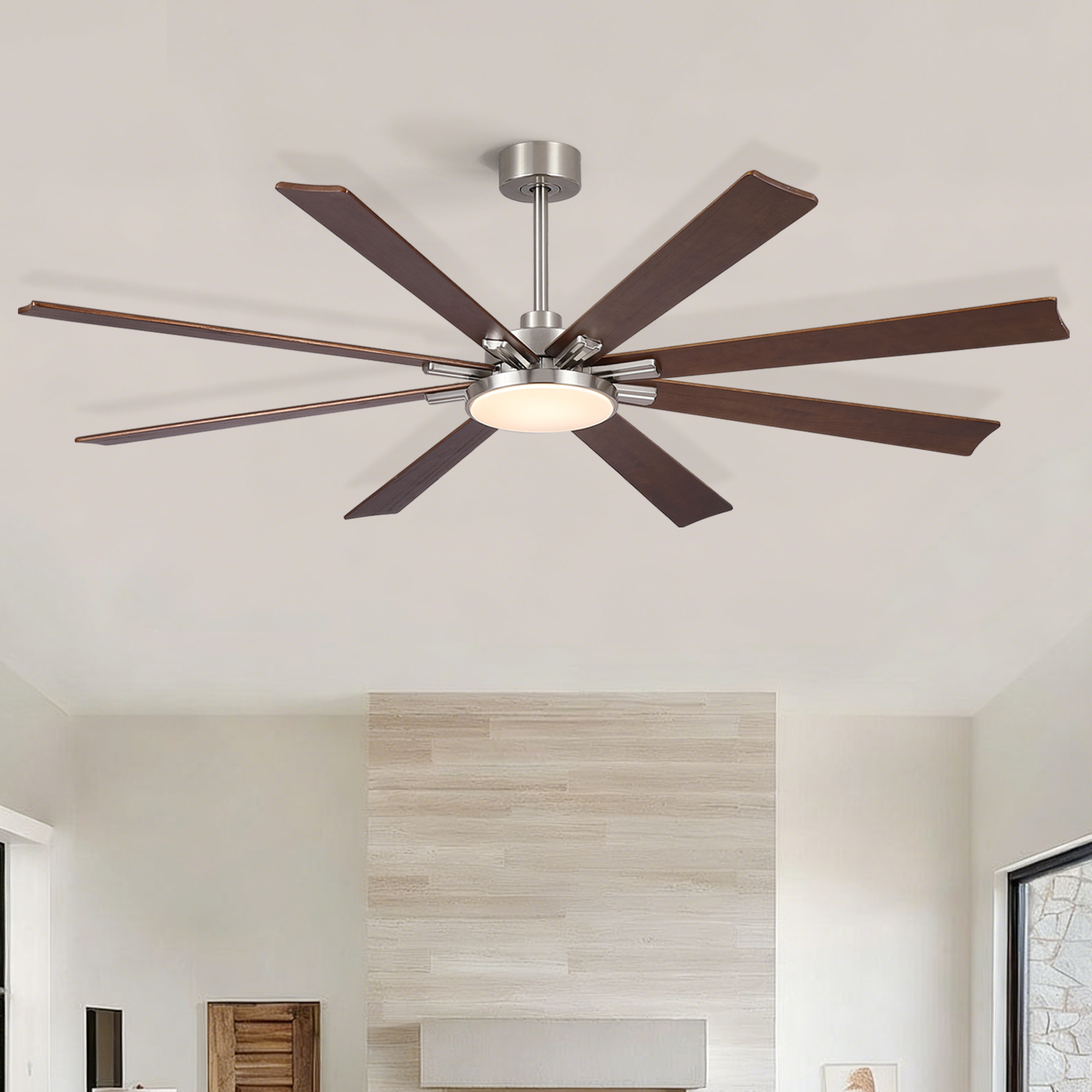 72 inch Retro Farmhouse Brushed Nickel Ceiling Fan with Light and Solid Wood Blades