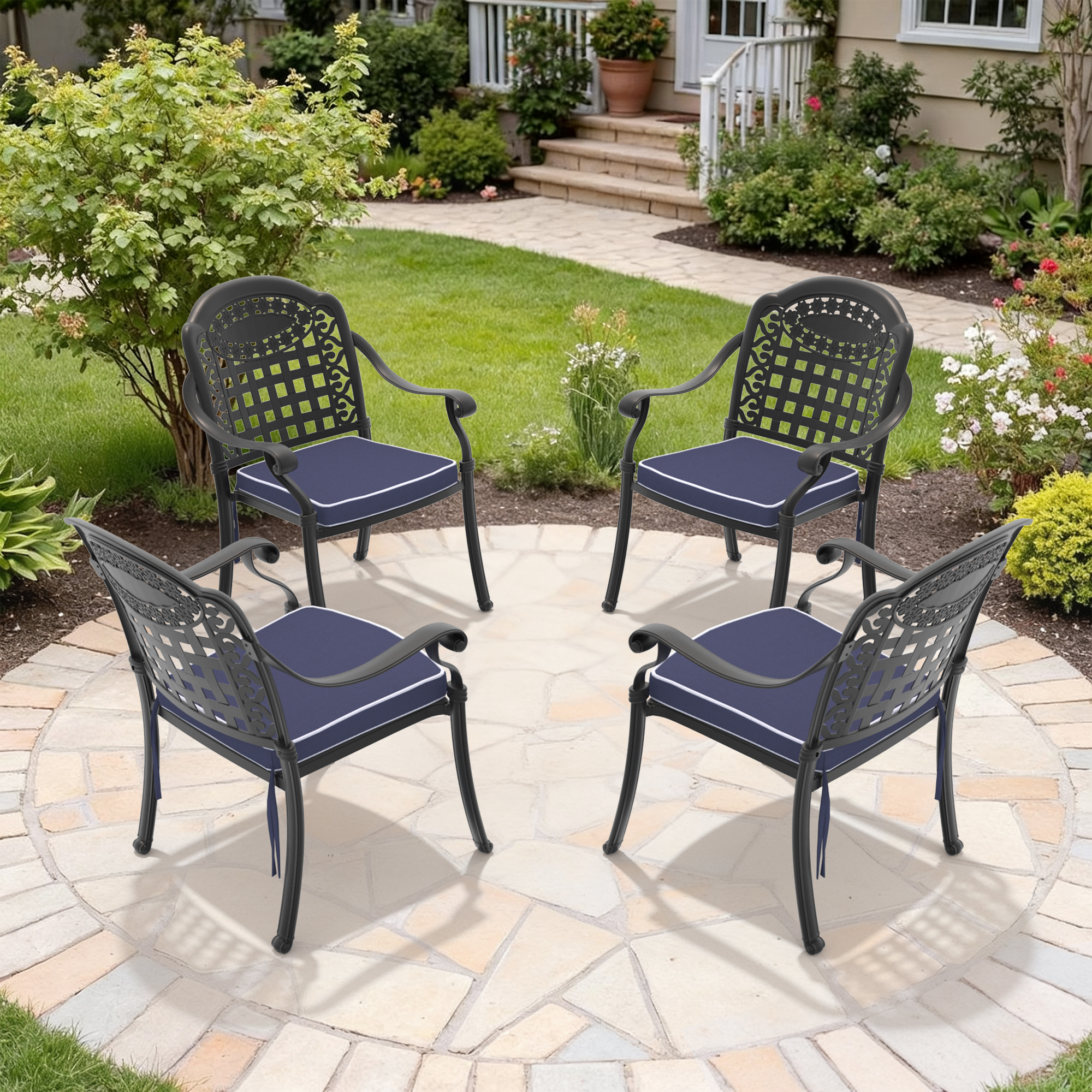 Cast Aluminum Patio Dining Chair 4PCS With Black Frame and Blue Cushions (same sku: W1710P166056)
