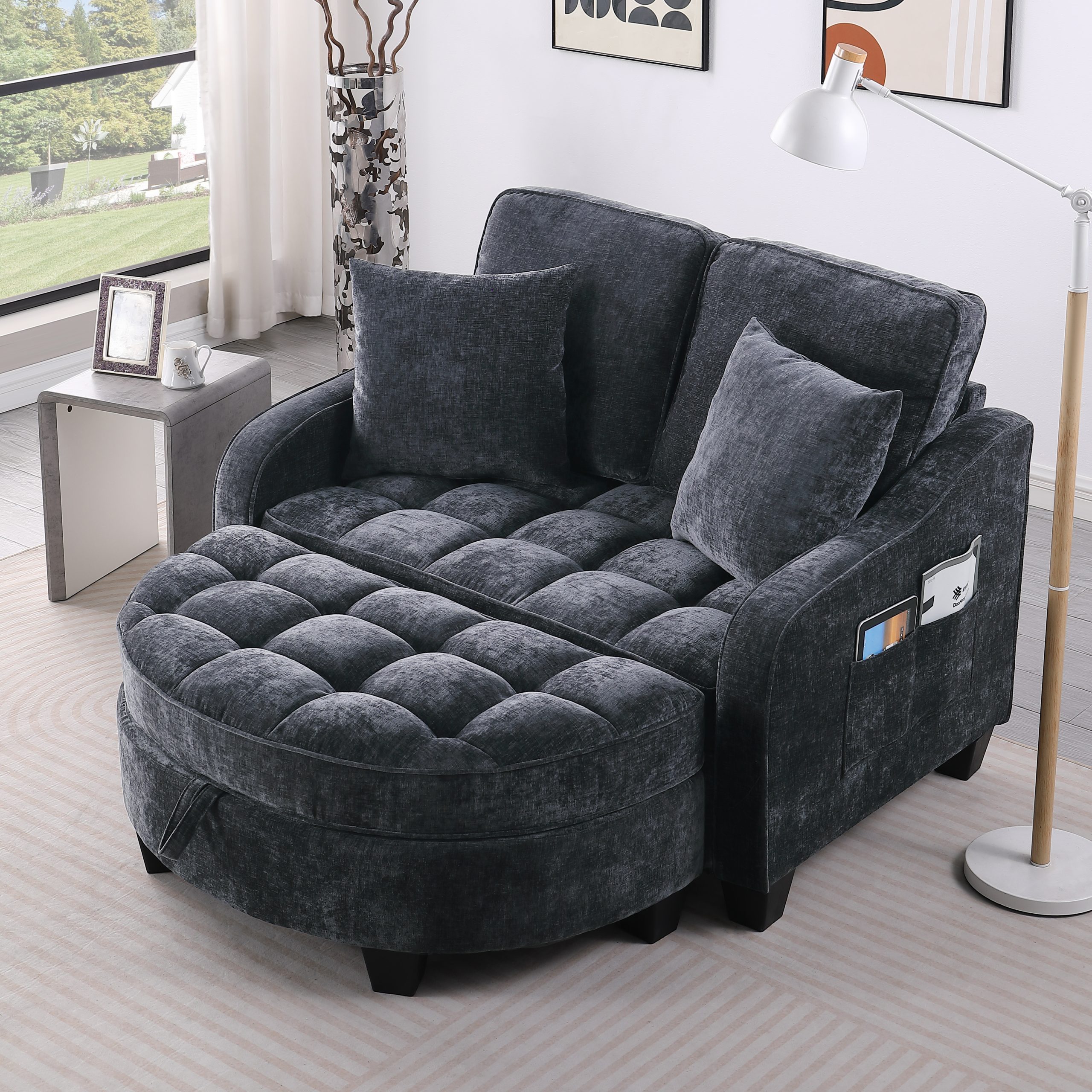 Two-seater sofa, double sofa chaise longue, with irregular armrests and backrests, footrest with storage space, comes with two small throw pillows, suitable for living room and bedroom – Black
